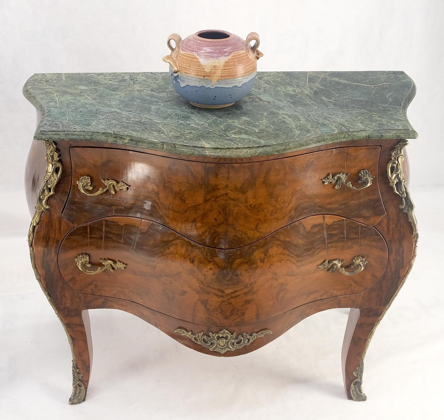 EstablishedLines Pair of 41" Wide Green Marble Top Louis V Bombay French Burl Dressers Commodes