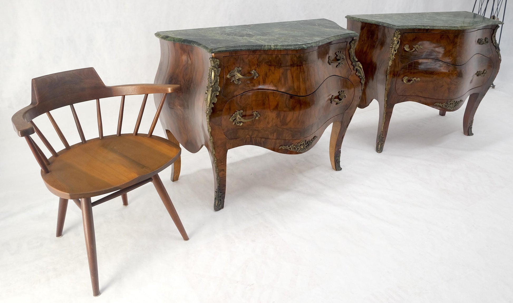 EstablishedLines Pair of 41" Wide Green Marble Top Louis V Bombay French Burl Dressers Commodes