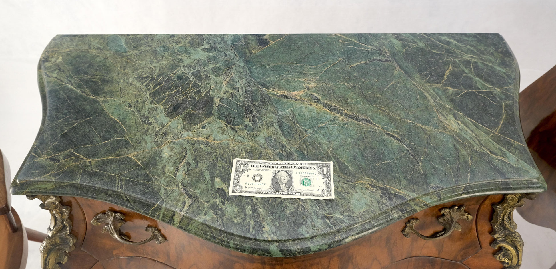 EstablishedLines Pair of 41" Wide Green Marble Top Louis V Bombay French Burl Dressers Commodes