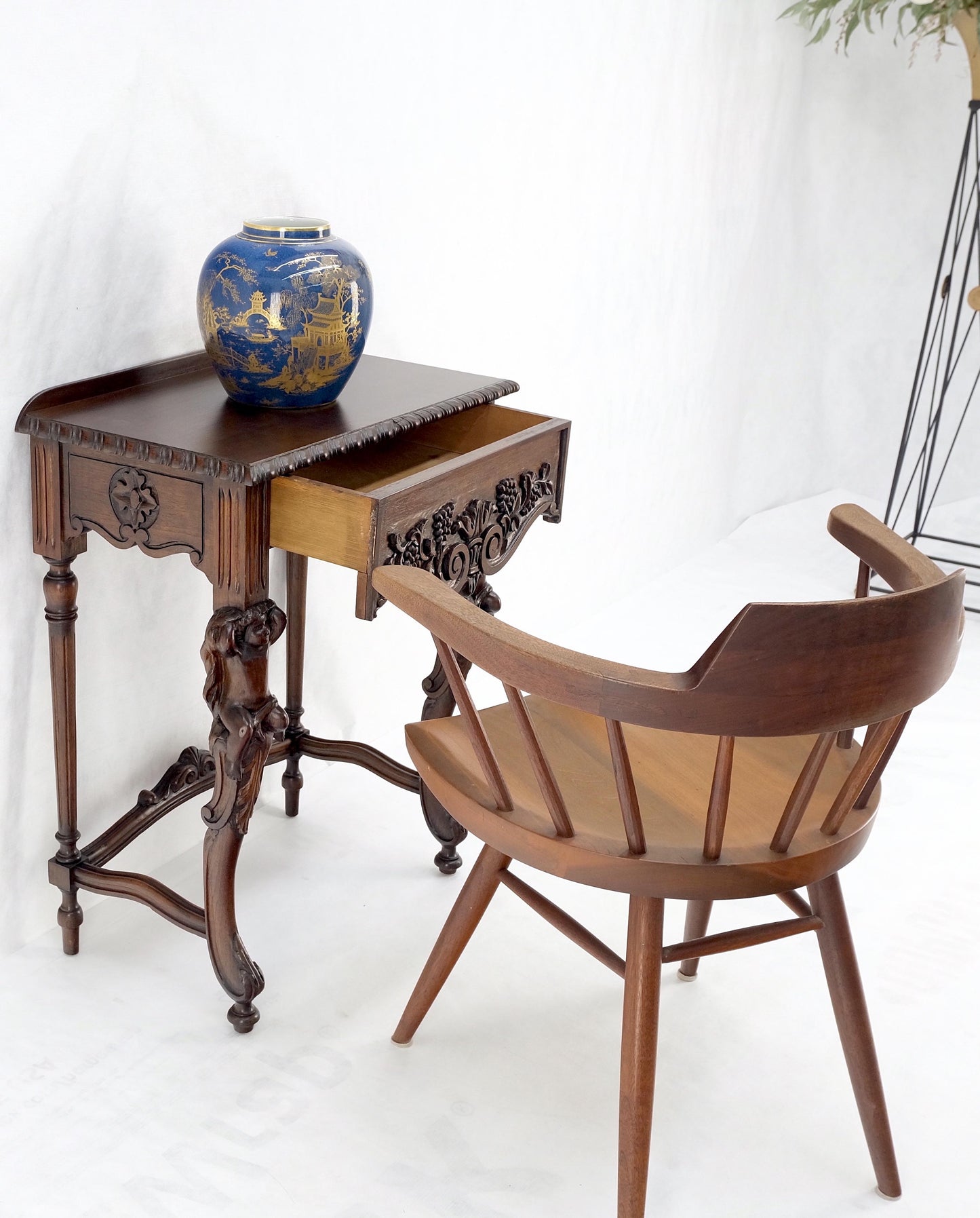 Petit Heavily Carved Walnut Cherubs Rope Edge Two Piece Console Table Shelf MINT