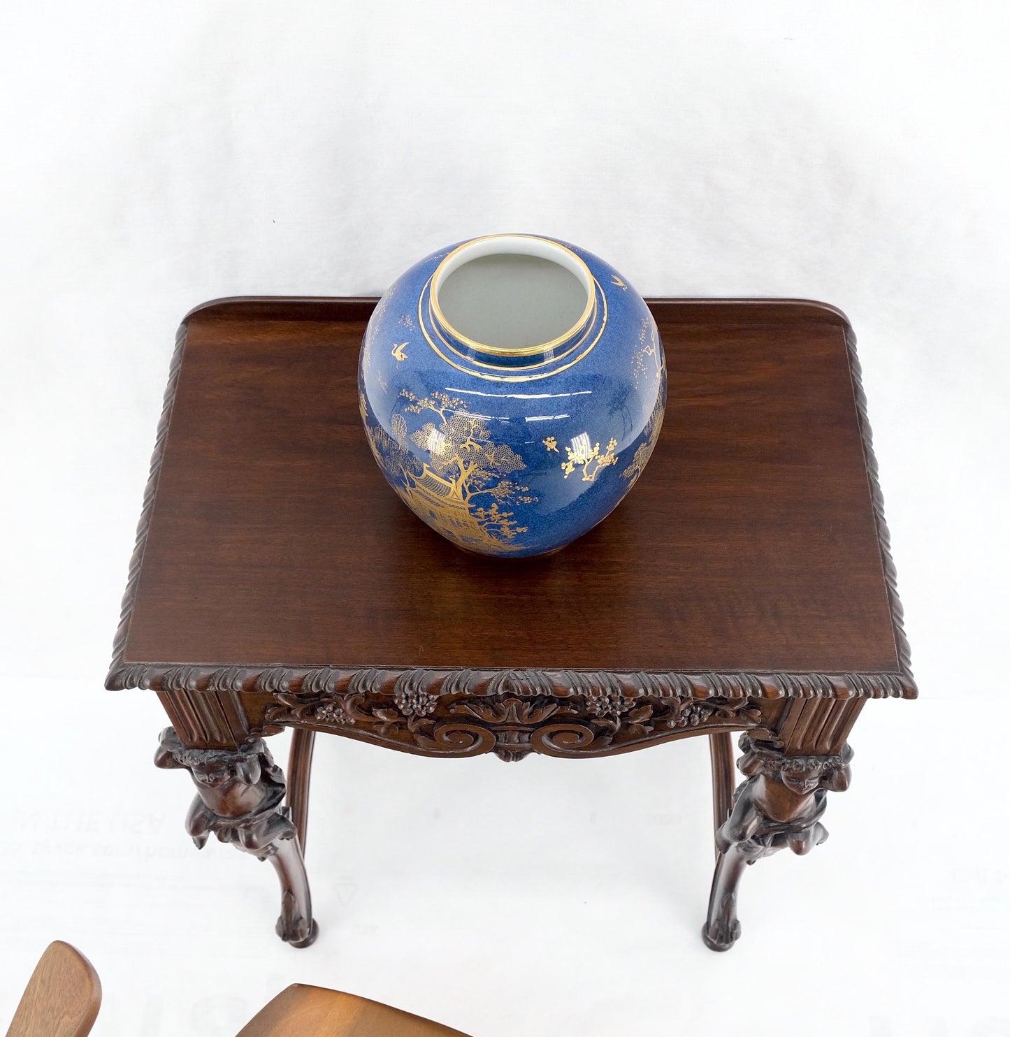 Petit Heavily Carved Walnut Cherubs Rope Edge Two Piece Console Table Shelf MINT