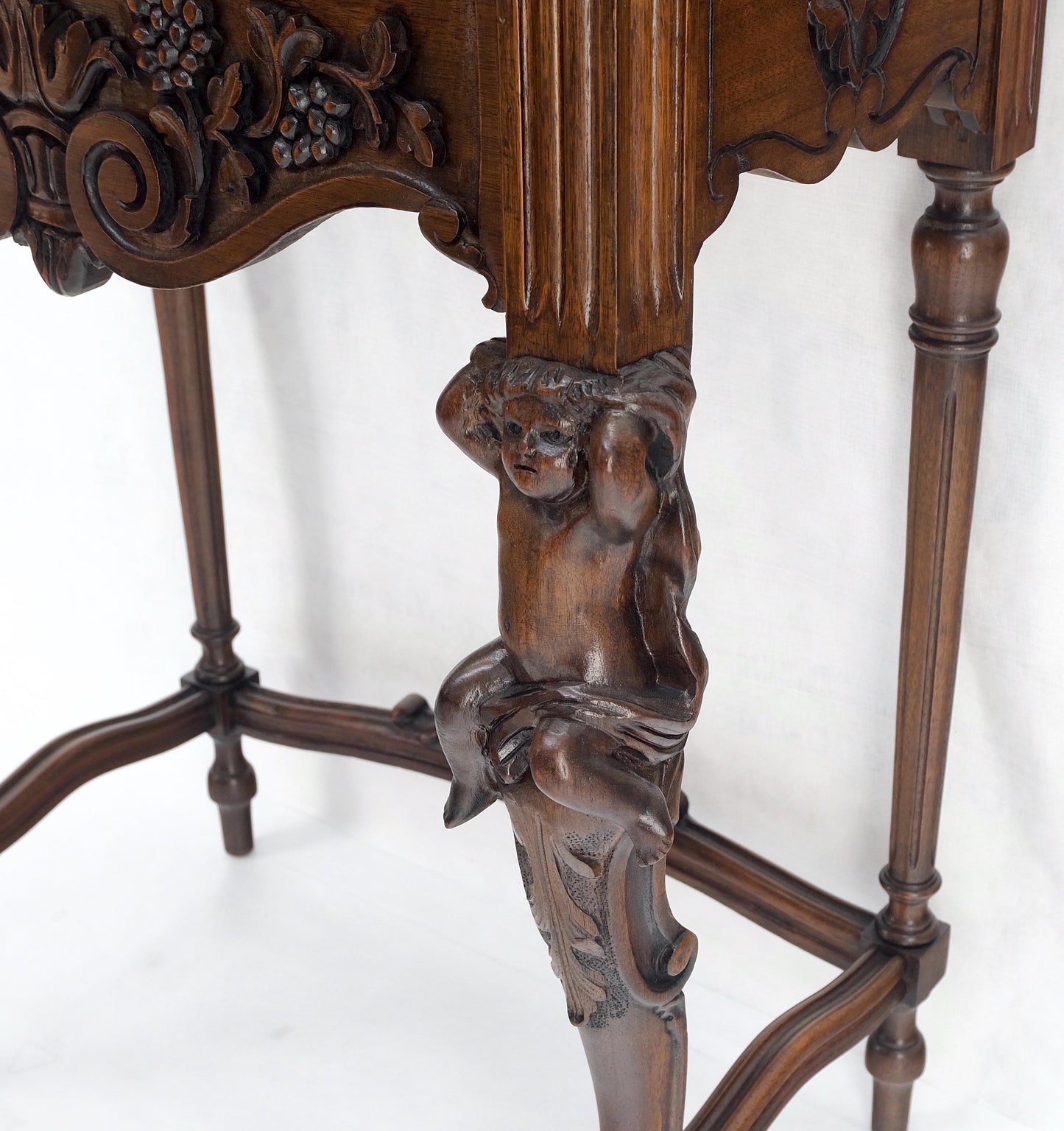 Petit Heavily Carved Walnut Cherubs Rope Edge Two Piece Console Table Shelf MINT