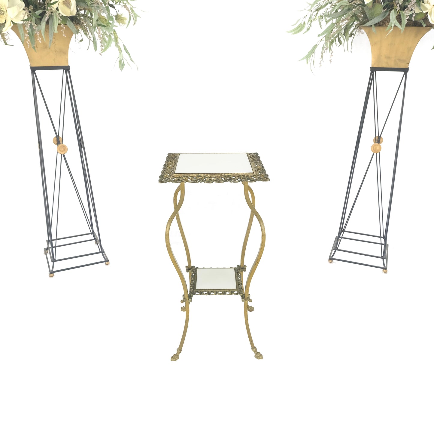 EstablishedLines Cast Brass & White Onyx Marble Two Tier Lamp Side Square Occasional Table MINT!