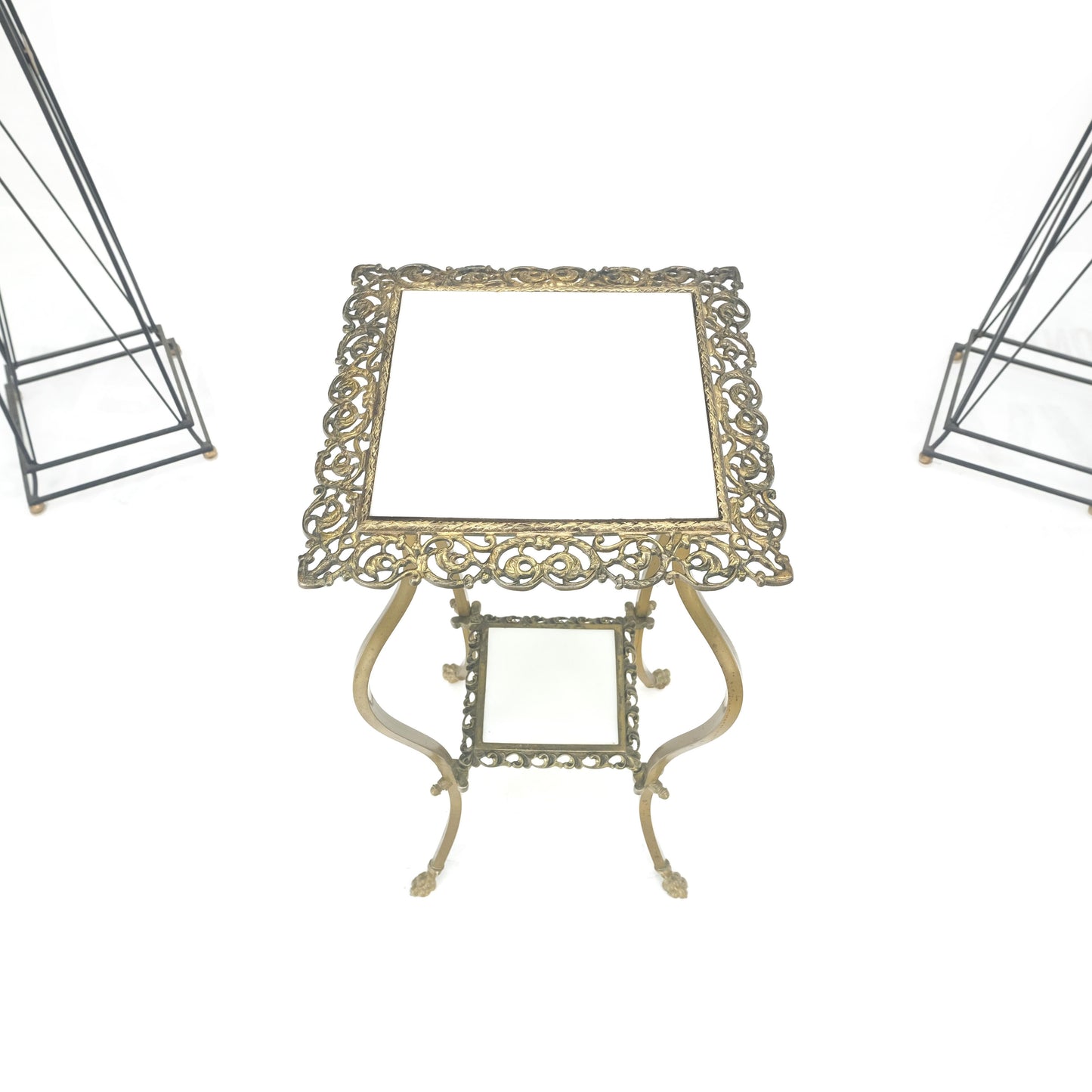EstablishedLines Cast Brass & White Onyx Marble Two Tier Lamp Side Square Occasional Table MINT!
