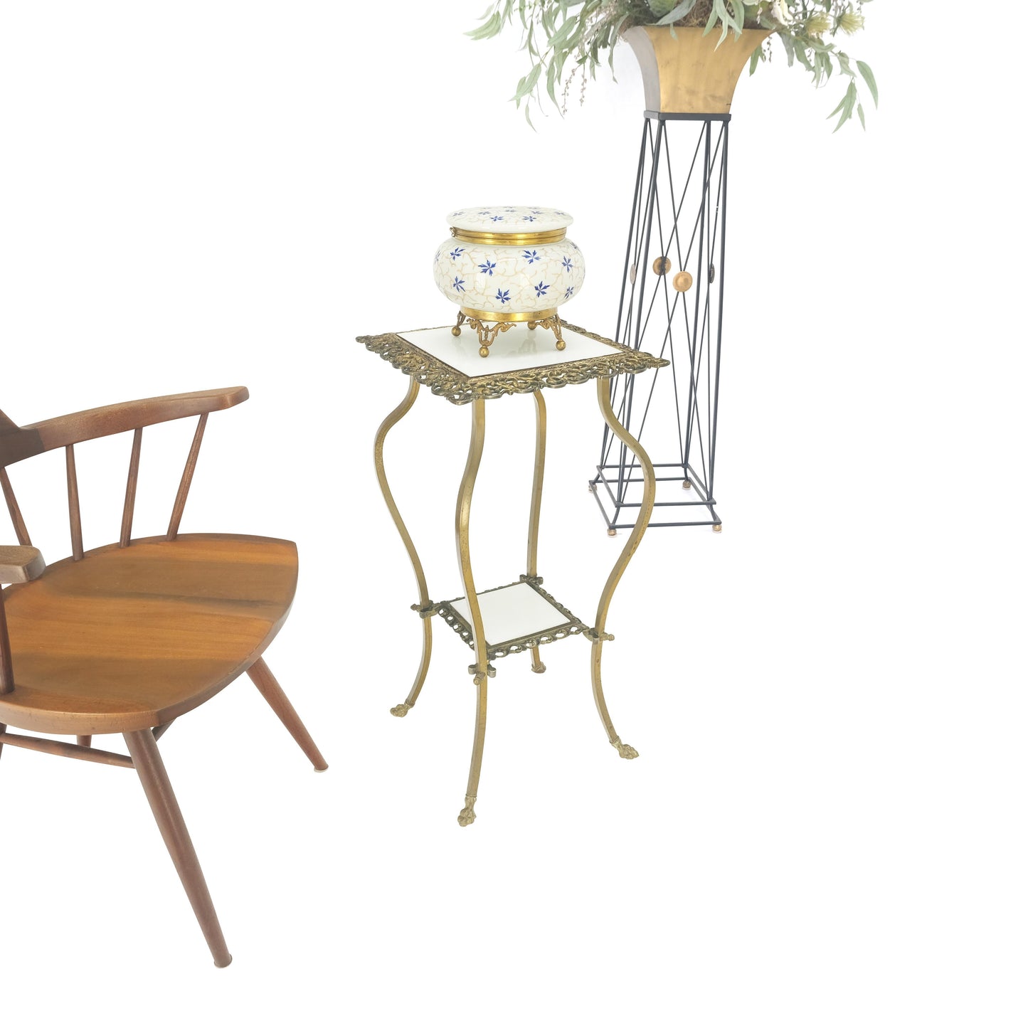 EstablishedLines Cast Brass & White Onyx Marble Two Tier Lamp Side Square Occasional Table MINT!