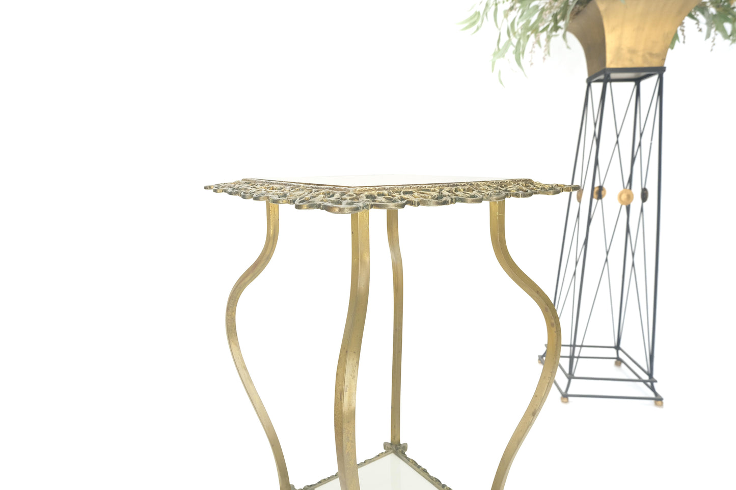 EstablishedLines Cast Brass & White Onyx Marble Two Tier Lamp Side Square Occasional Table MINT!