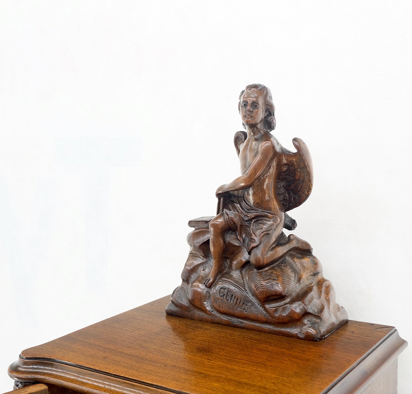 Petit Heavily Carved Walnut Cherubs Rope Edge Two Piece Console Table Shelf MINT