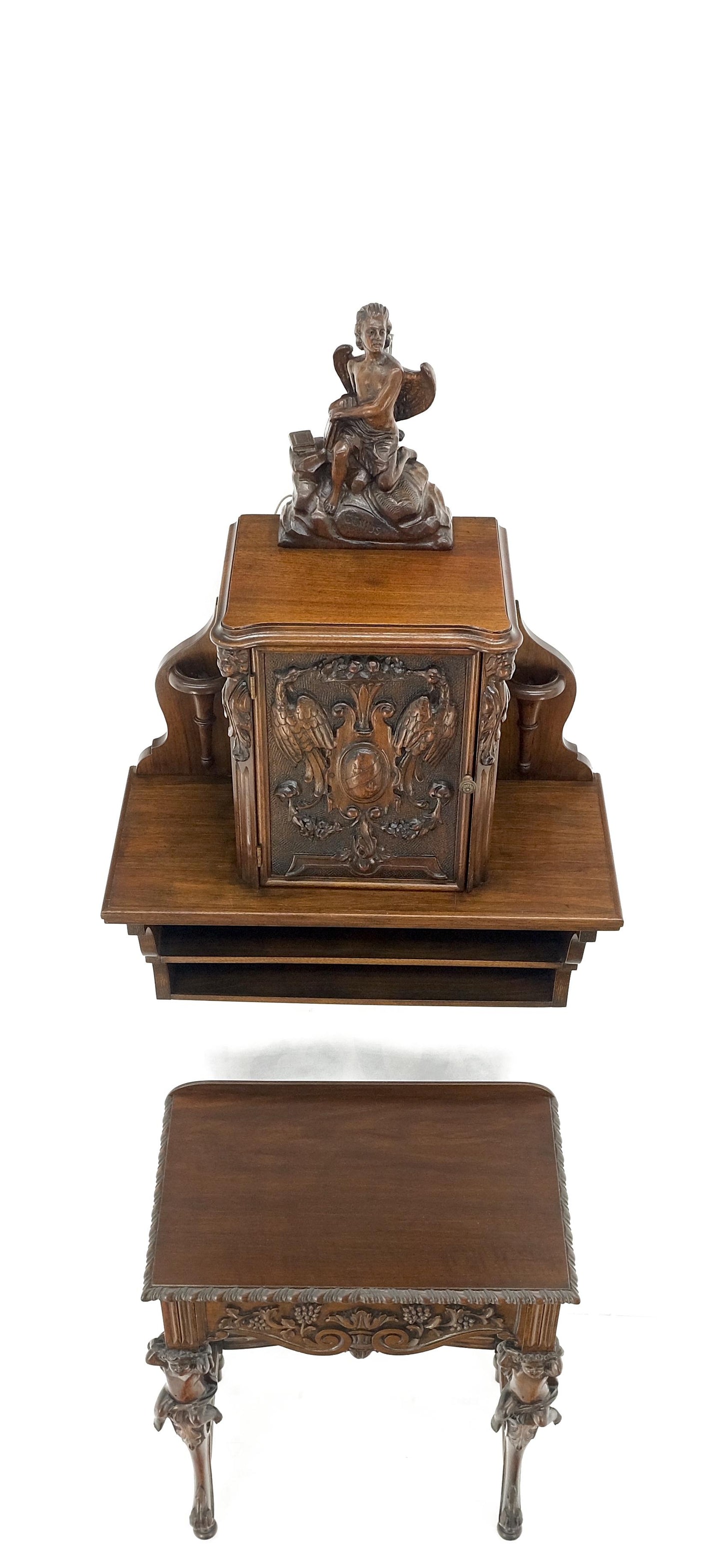 Petit Heavily Carved Walnut Cherubs Rope Edge Two Piece Console Table Shelf MINT
