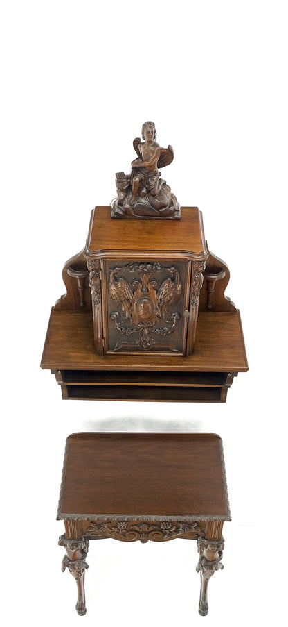 Petit Heavily Carved Walnut Cherubs Rope Edge Two Piece Console Table Shelf MINT