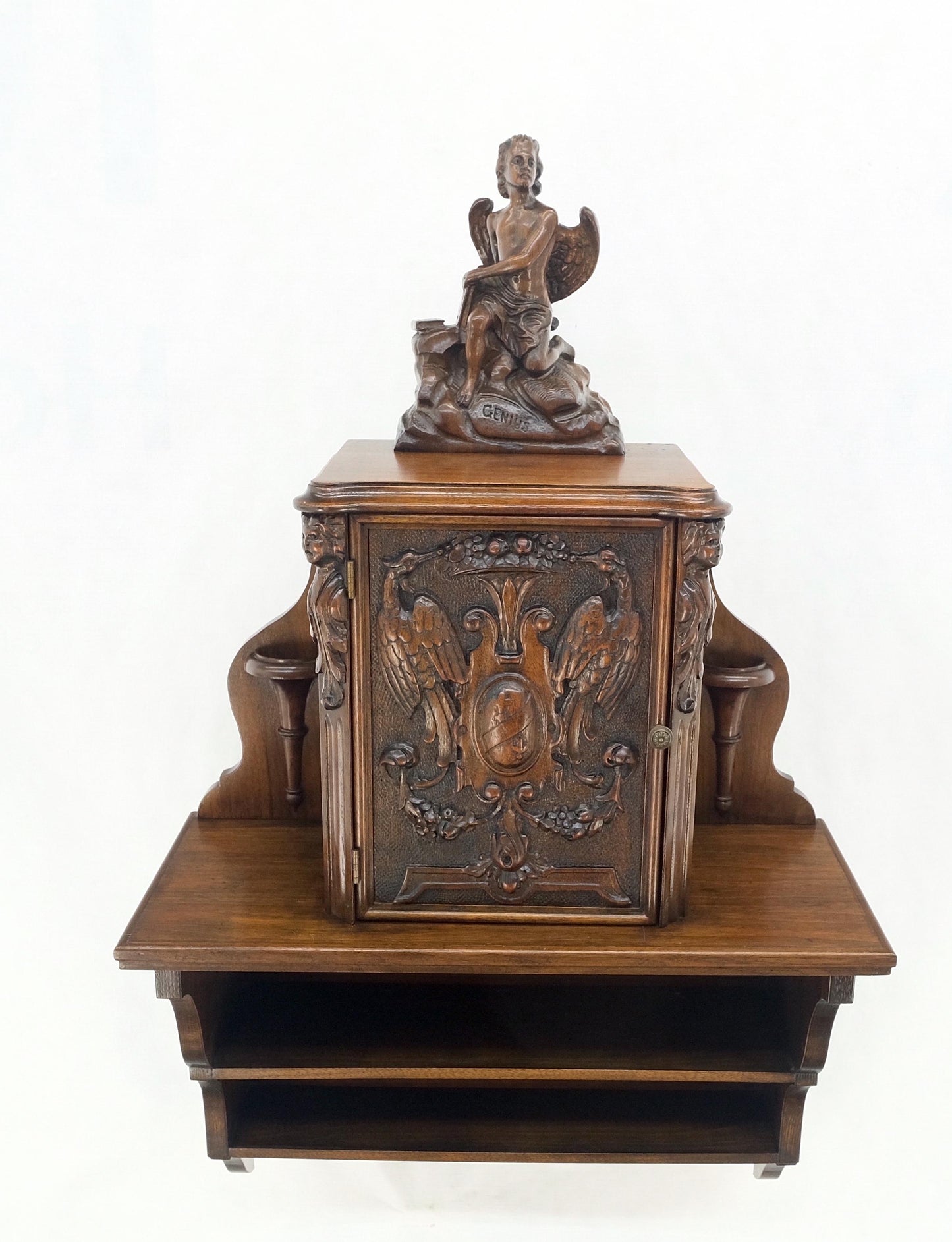 Petit Heavily Carved Walnut Cherubs Rope Edge Two Piece Console Table Shelf MINT