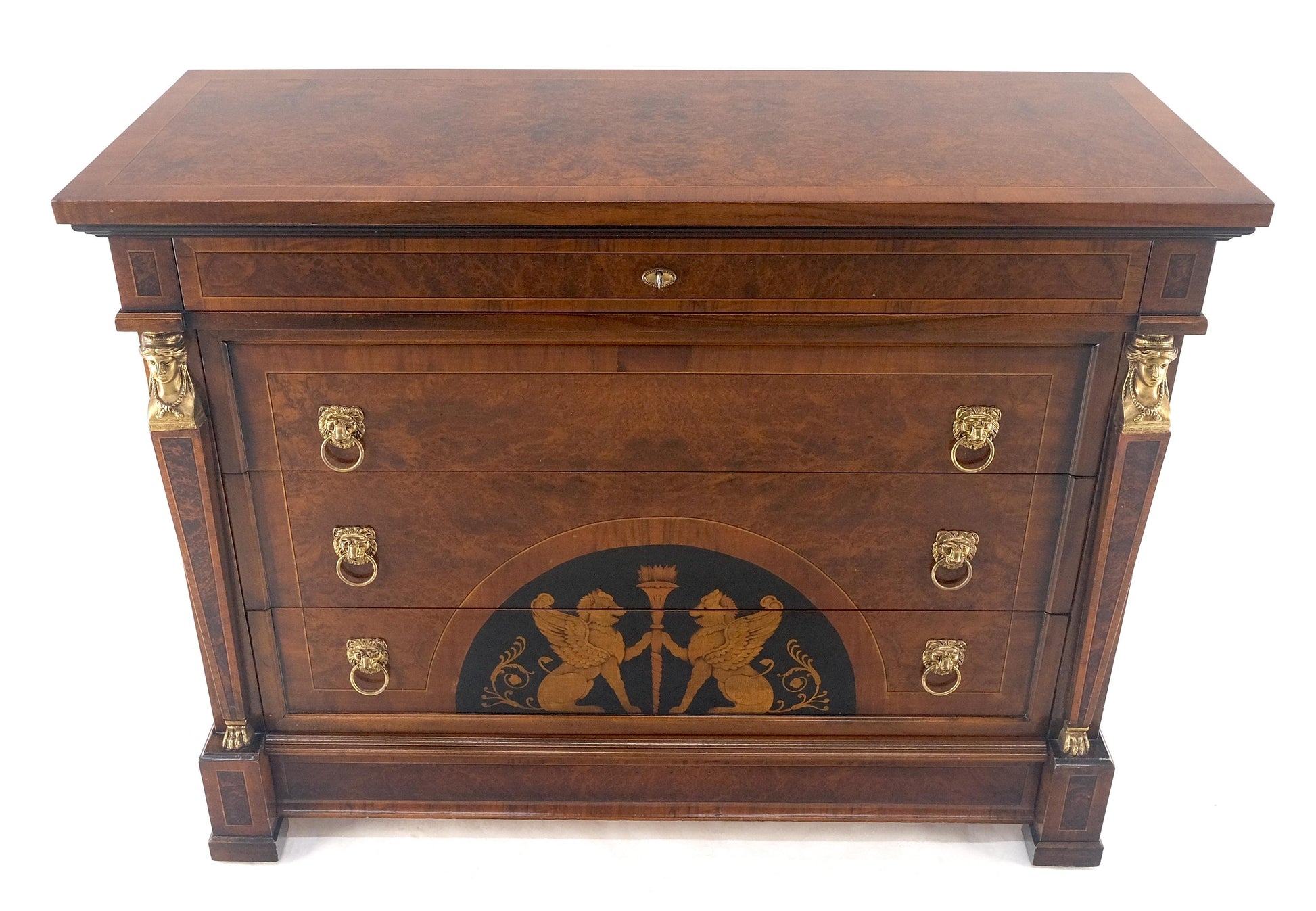 EstablishedLines Bronze Mounts & Pulls Burl Wood Inlay Neoclassical 4 Drawers 48" Dresser MINT!