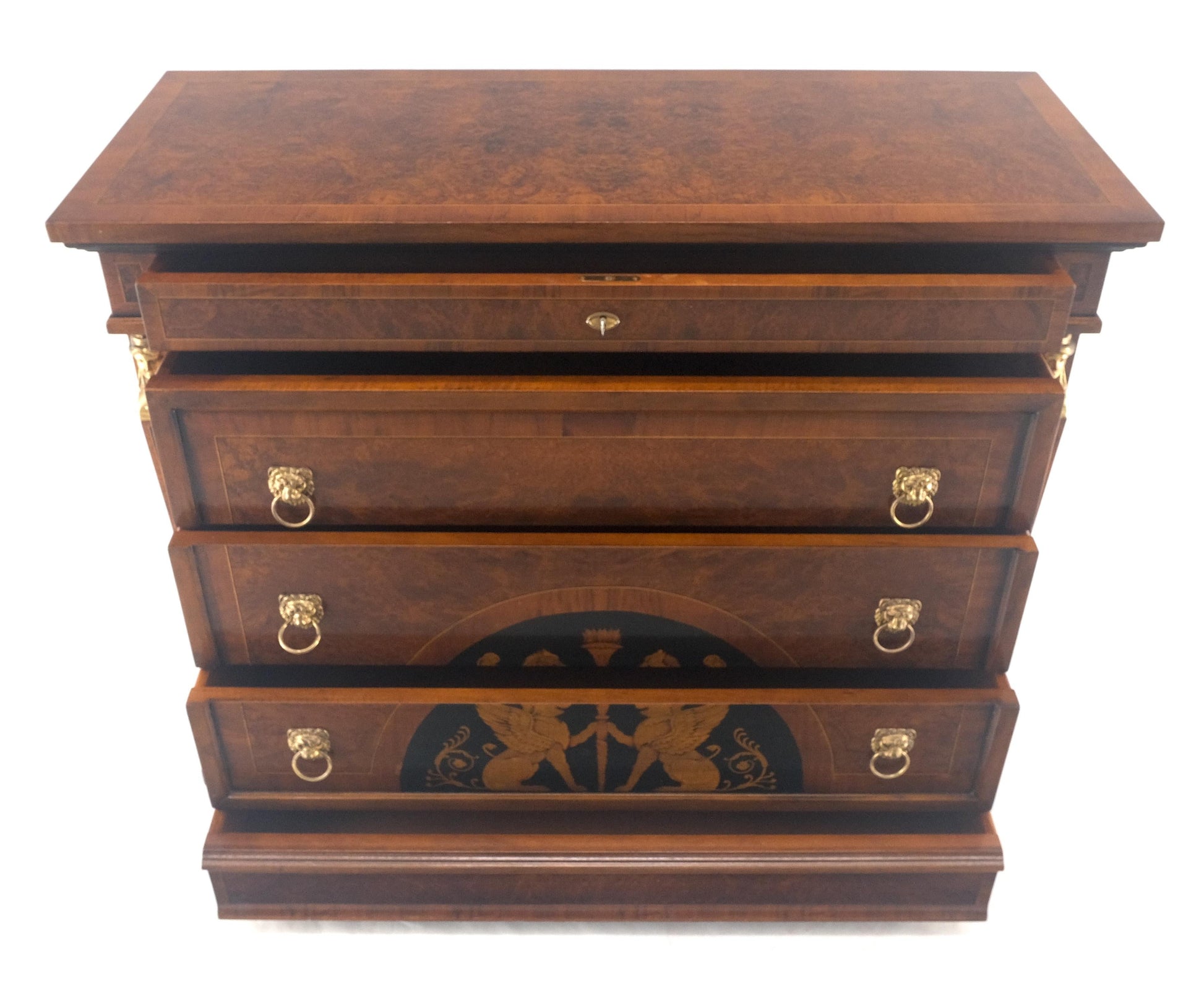 EstablishedLines Bronze Mounts & Pulls Burl Wood Inlay Neoclassical 4 Drawers 48" Dresser MINT!