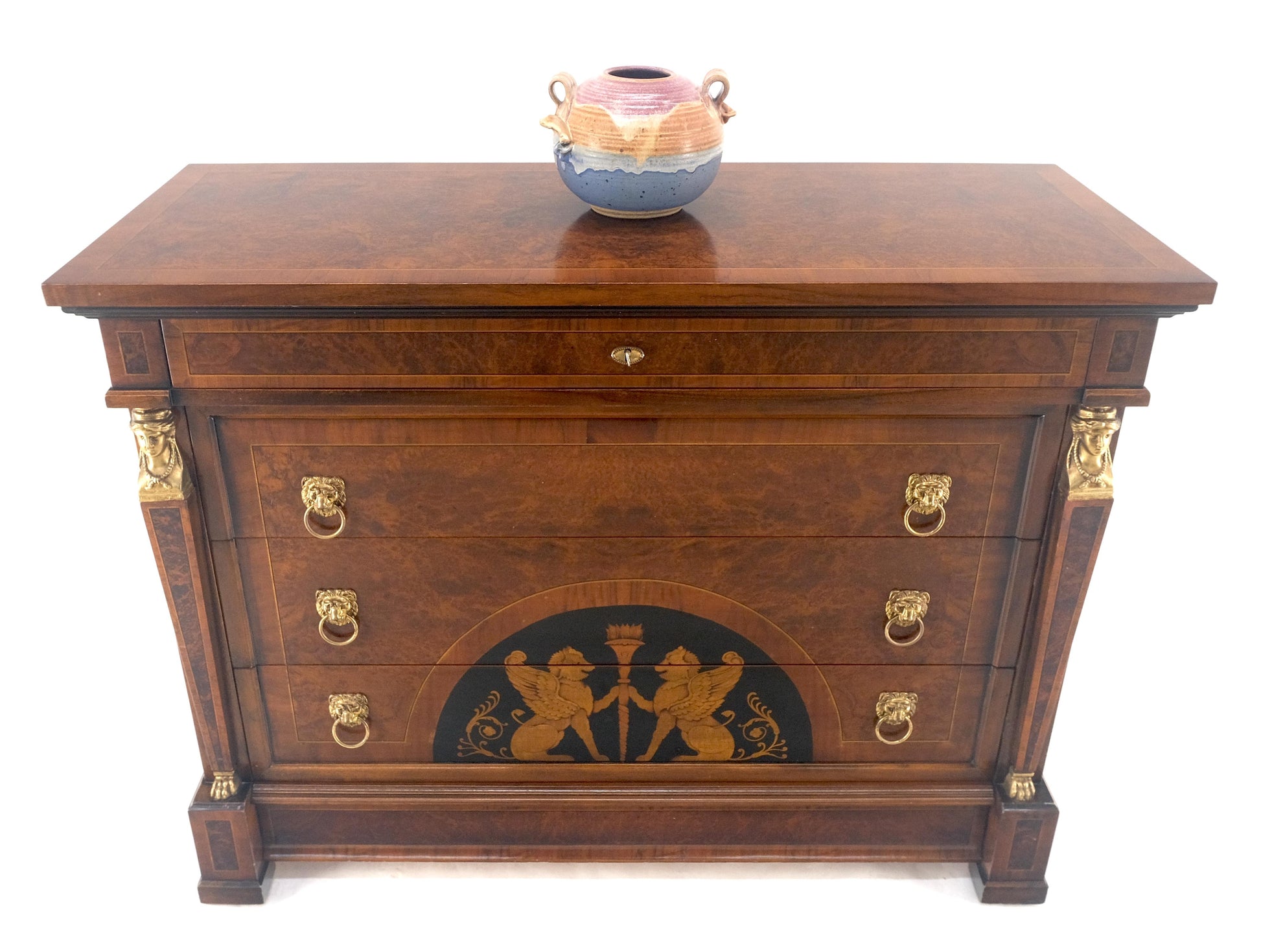 EstablishedLines Bronze Mounts & Pulls Burl Wood Inlay Neoclassical 4 Drawers 48" Dresser MINT!