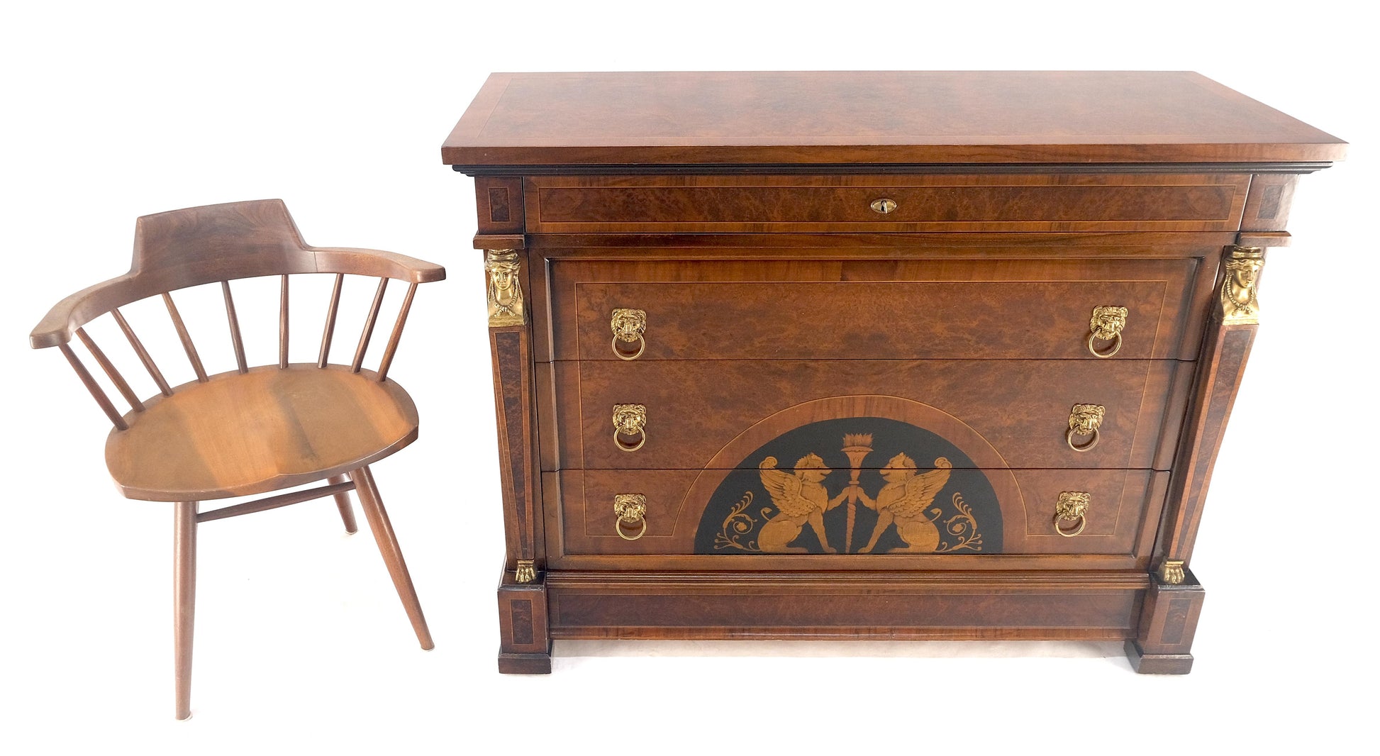 EstablishedLines Bronze Mounts & Pulls Burl Wood Inlay Neoclassical 4 Drawers 48" Dresser MINT!