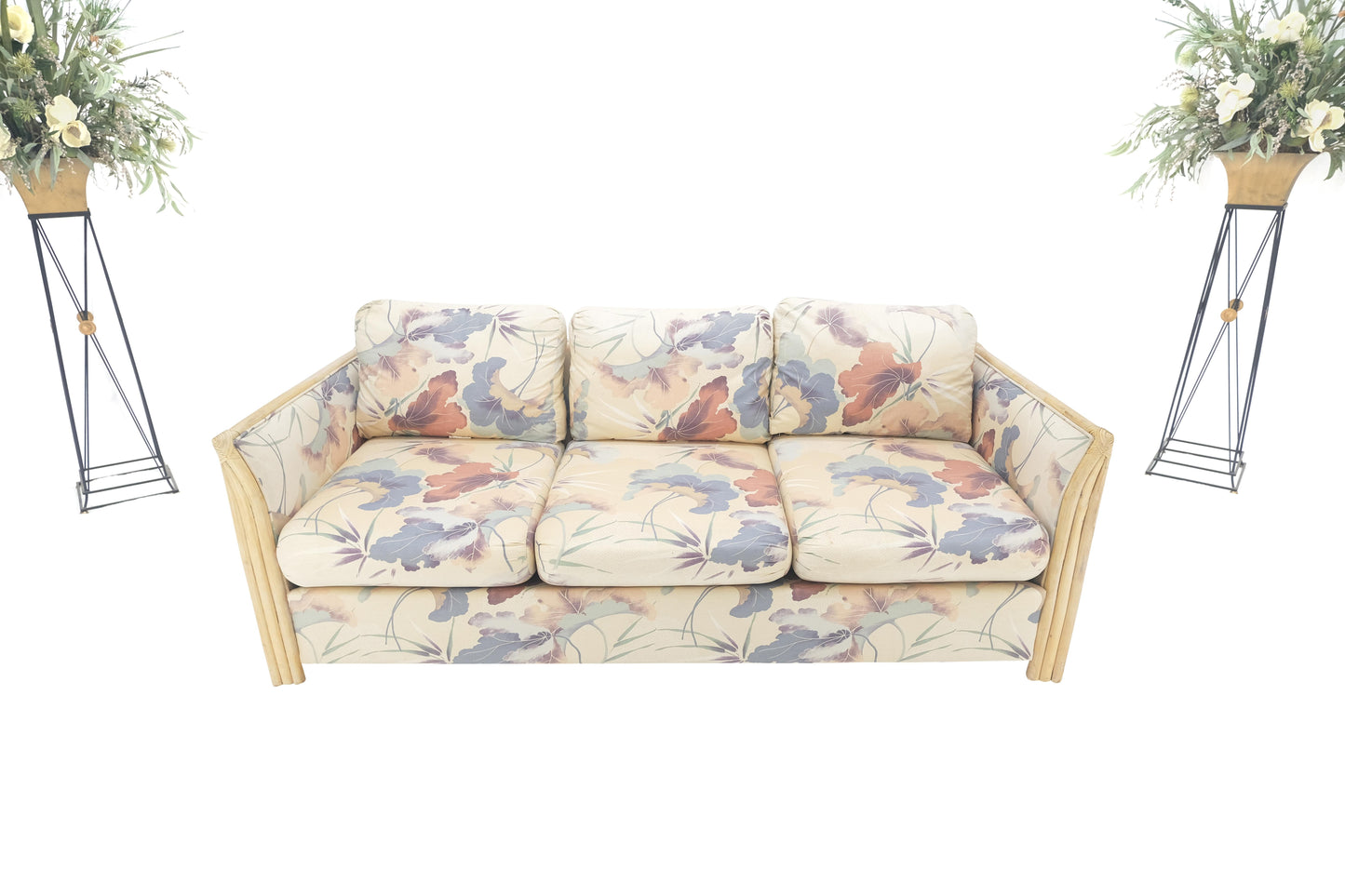 EstablishedLines Mid Century Three Seater Bamboo Frame Flowered Upholstery Sofa Couch
