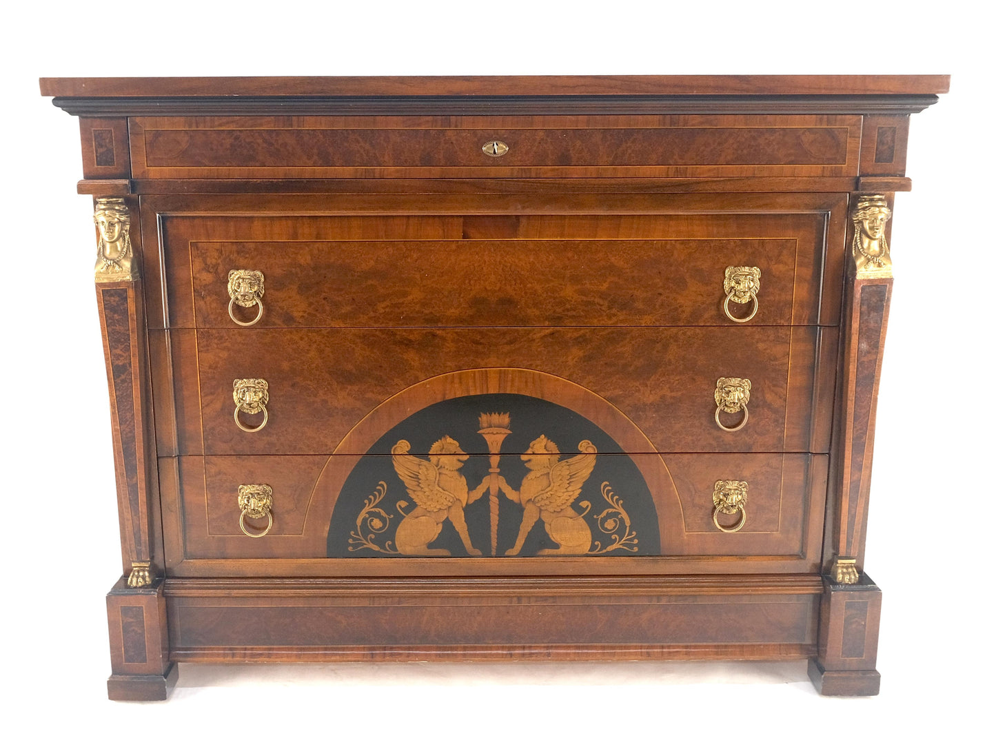 EstablishedLines Bronze Mounts & Pulls Burl Wood Inlay Neoclassical 4 Drawers 48" Dresser MINT!