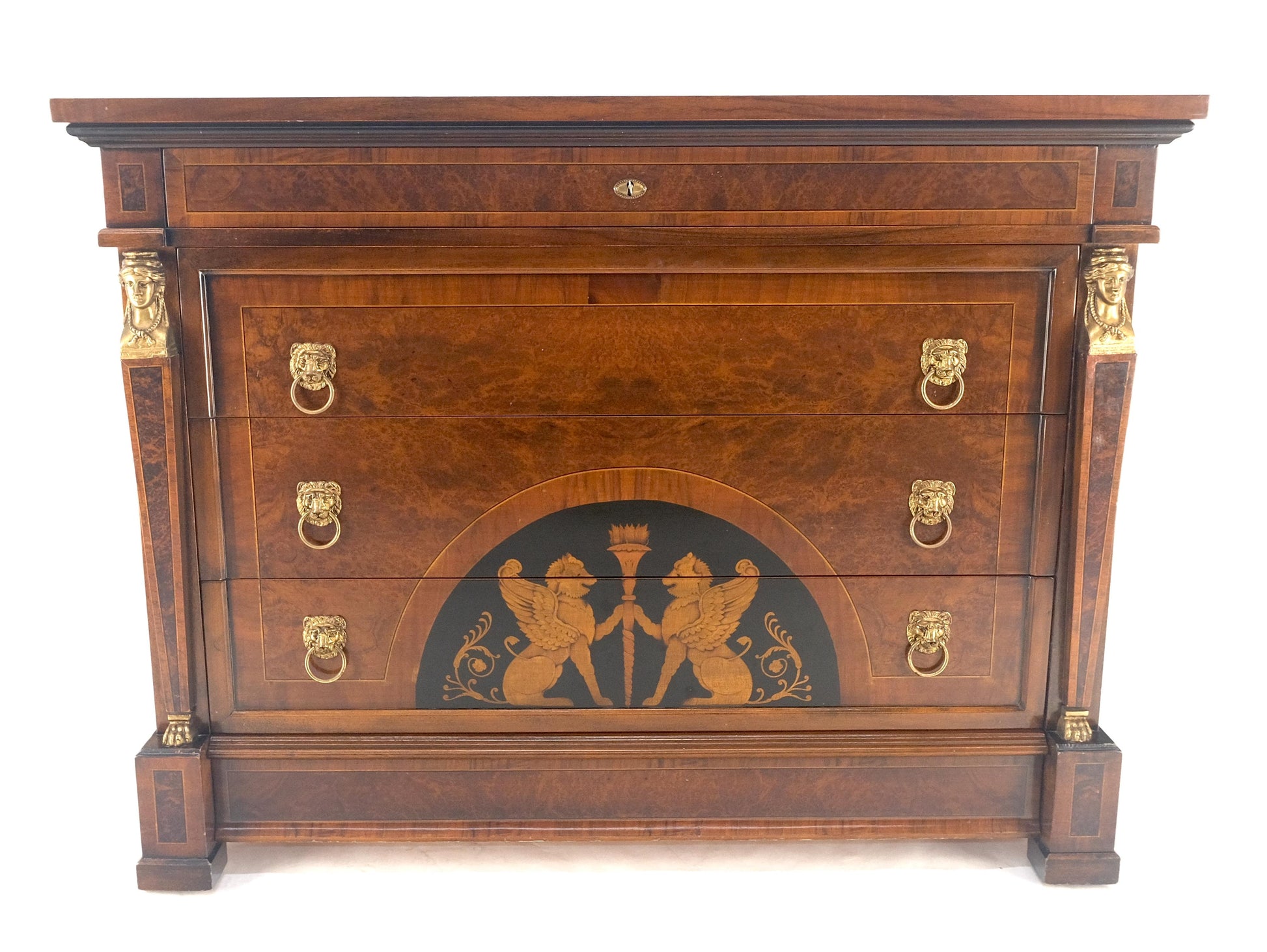 EstablishedLines Bronze Mounts & Pulls Burl Wood Inlay Neoclassical 4 Drawers 48" Dresser MINT!