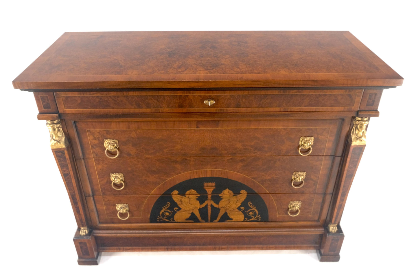 EstablishedLines Bronze Mounts & Pulls Burl Wood Inlay Neoclassical 4 Drawers 48" Dresser MINT!
