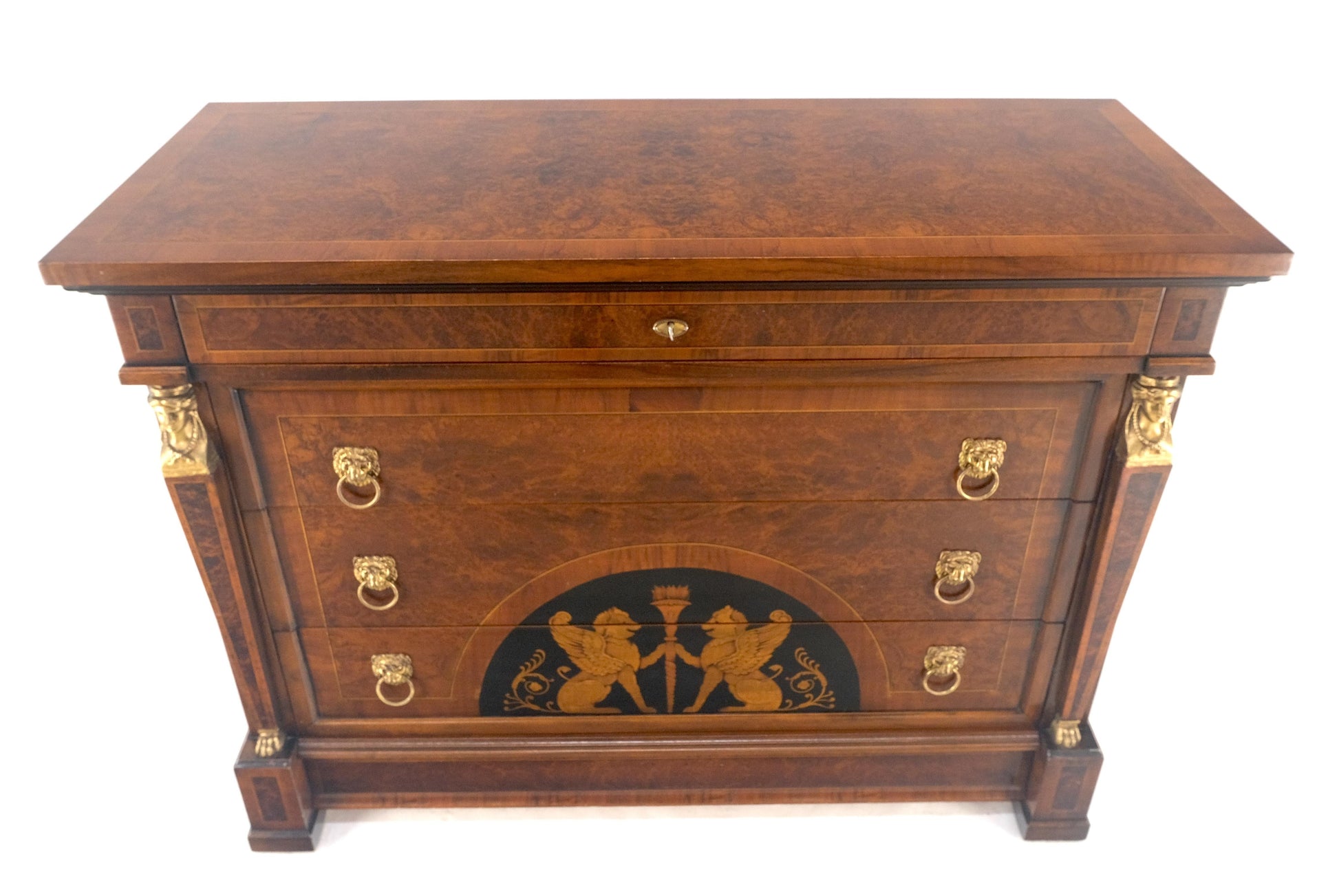 EstablishedLines Bronze Mounts & Pulls Burl Wood Inlay Neoclassical 4 Drawers 48" Dresser MINT!