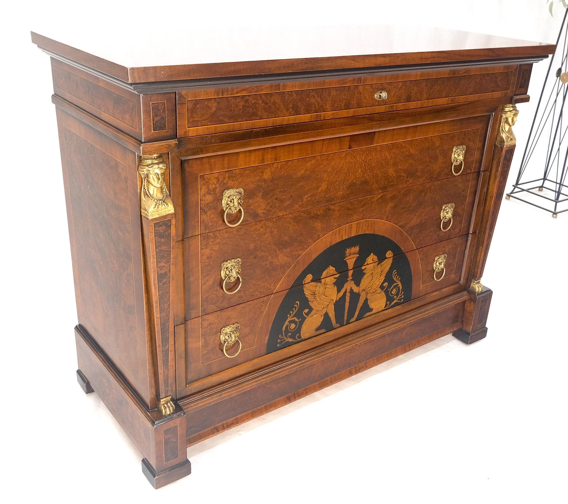 EstablishedLines Bronze Mounts & Pulls Burl Wood Inlay Neoclassical 4 Drawers 48" Dresser MINT!