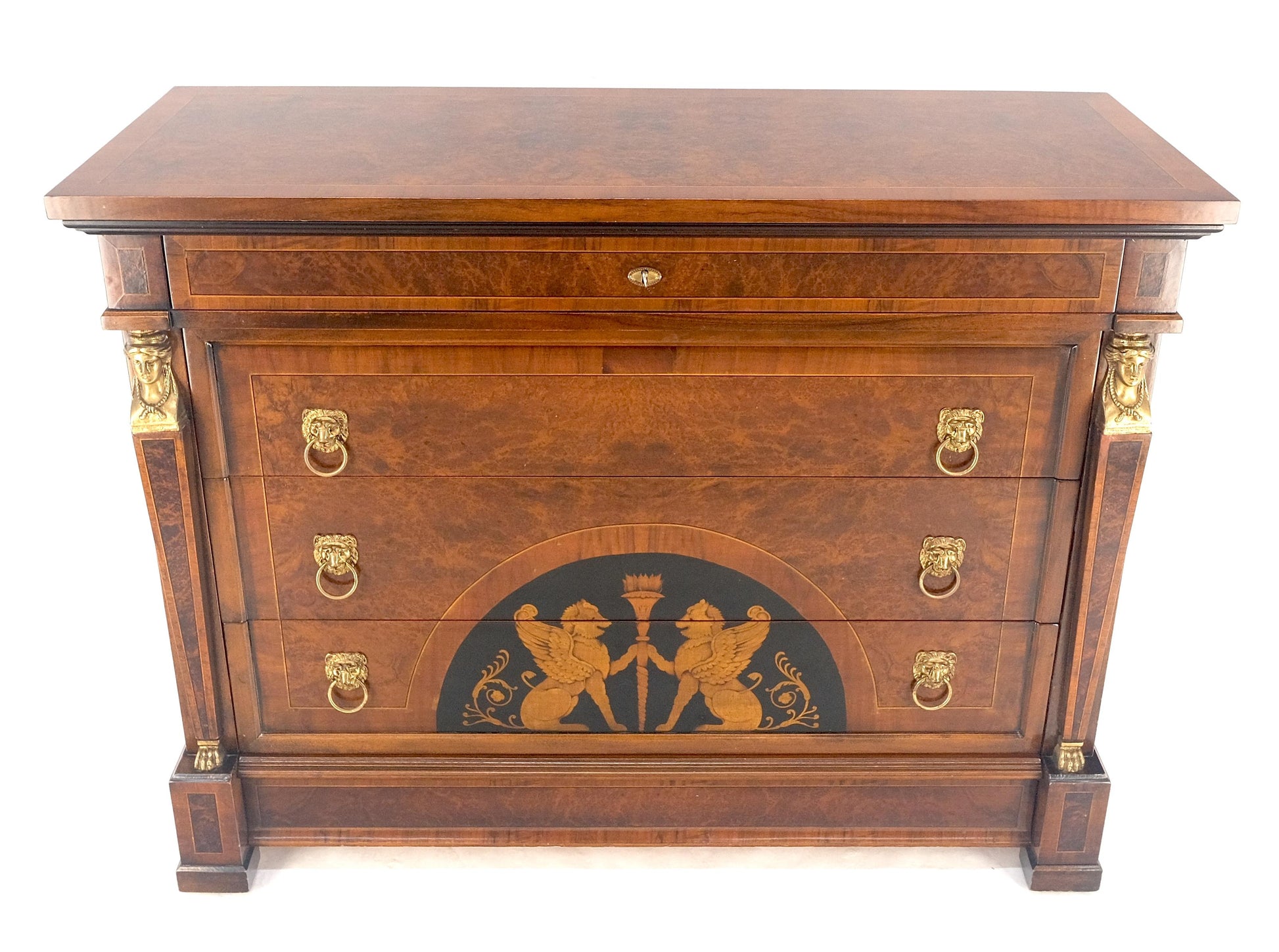 EstablishedLines Bronze Mounts & Pulls Burl Wood Inlay Neoclassical 4 Drawers 48" Dresser MINT!