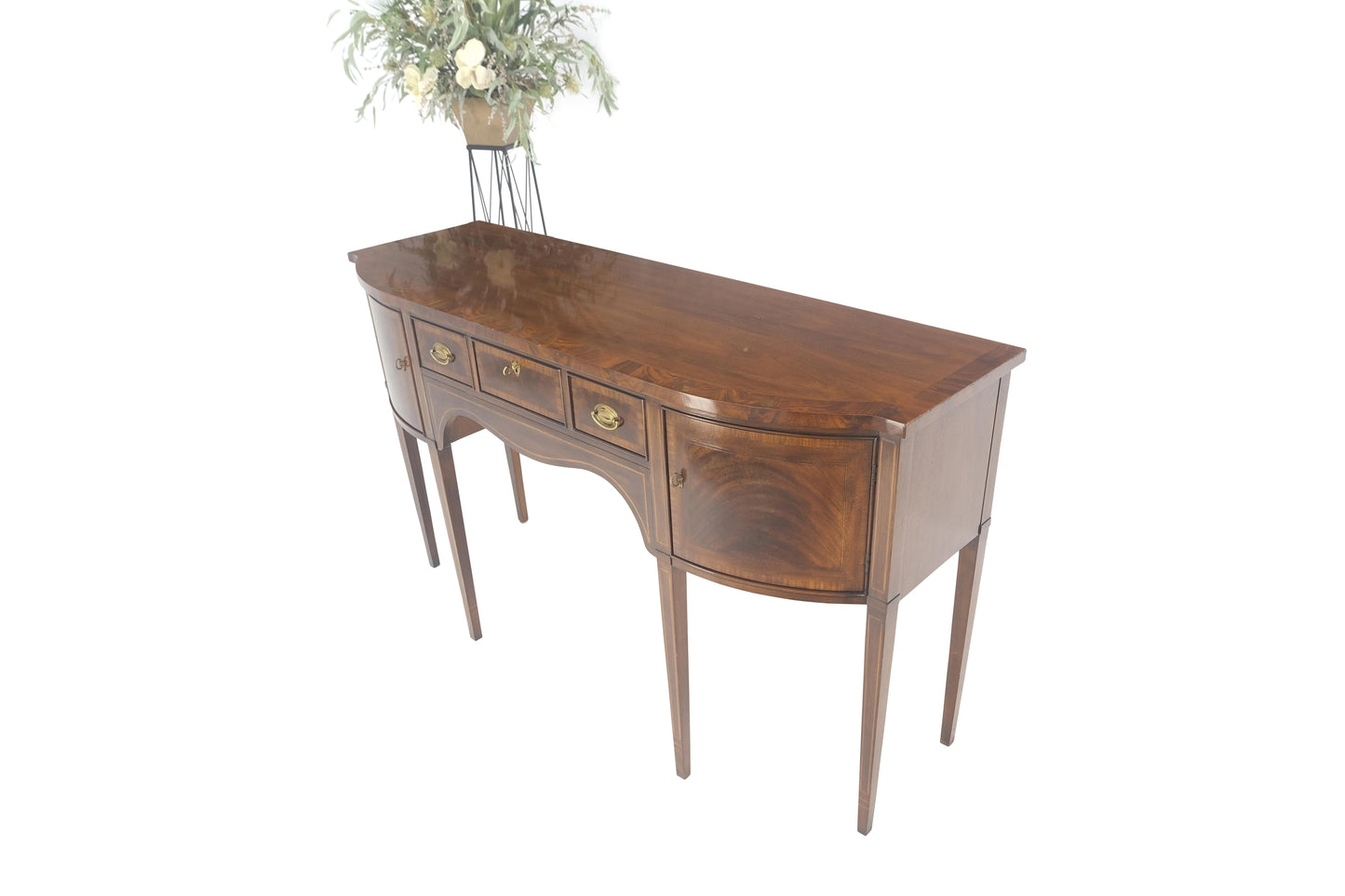 Banded and Pencil Inlayed Mahogany Bow Front Federal Sideboard Brass Hardware