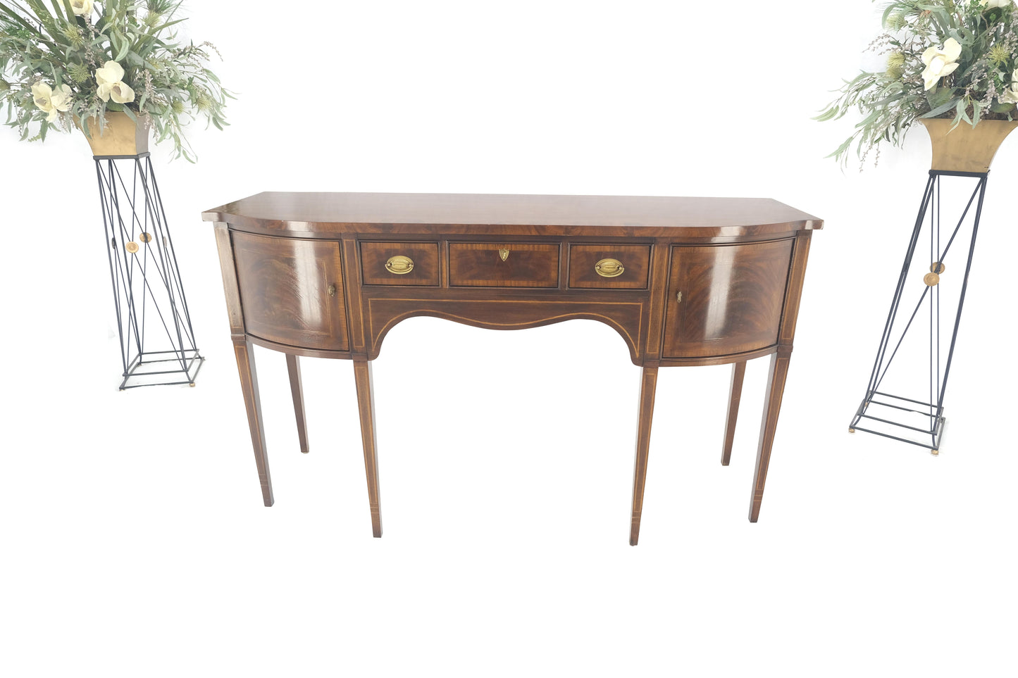 Banded and Pencil Inlayed Mahogany Bow Front Federal Sideboard Brass Hardware