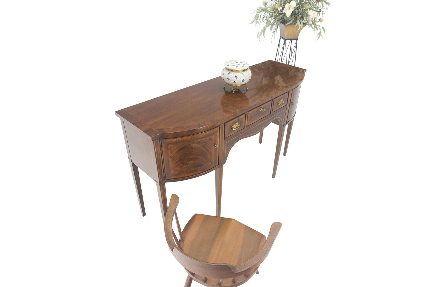 Banded and Pencil Inlayed Mahogany Bow Front Federal Sideboard Brass Hardware