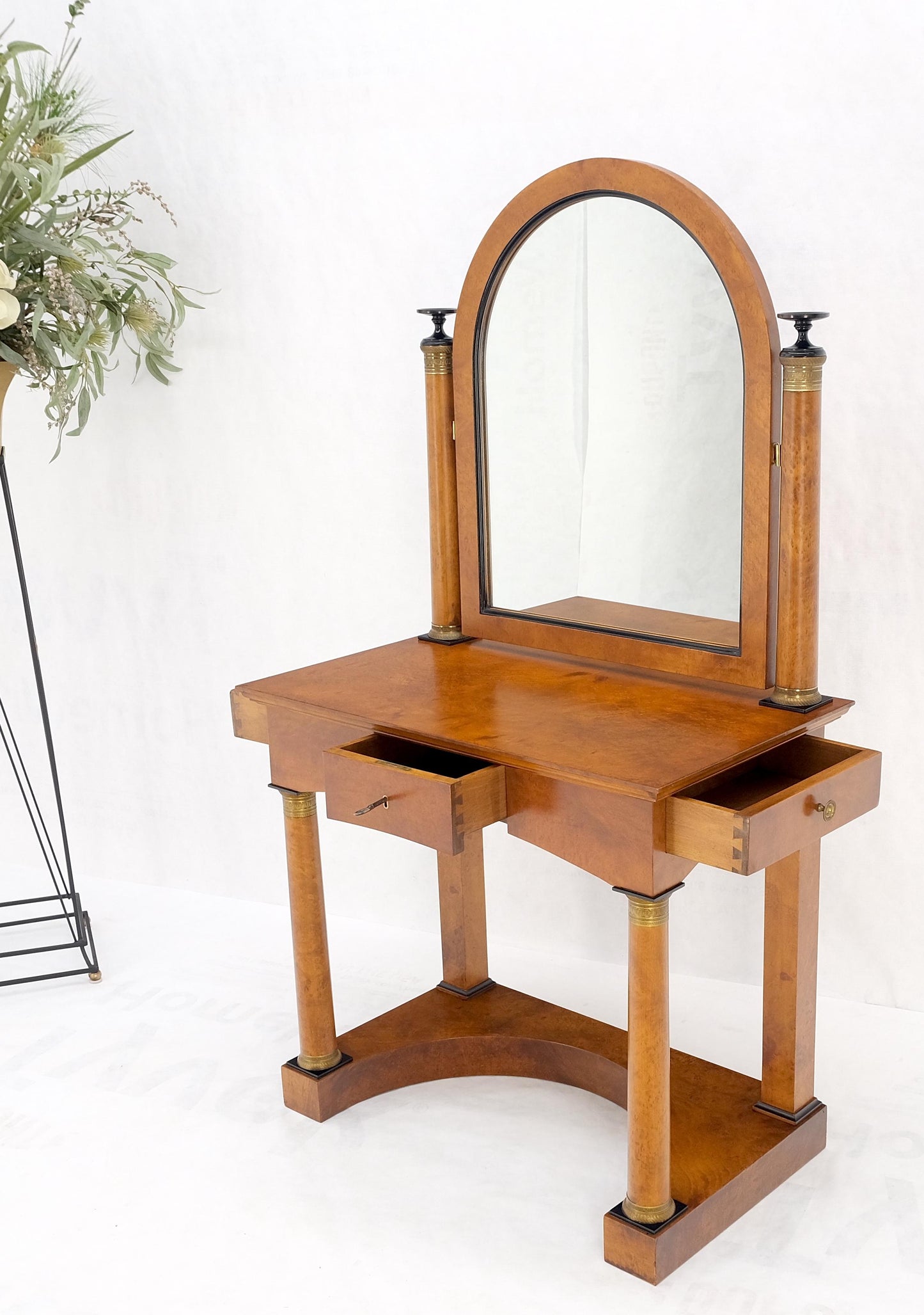Burl Wood Biedermeier Dressing Table Mirror Matching Chair Cane Seat Mint!