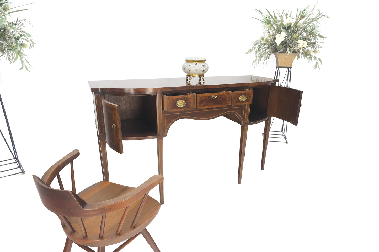 Banded and Pencil Inlayed Mahogany Bow Front Federal Sideboard Brass Hardware
