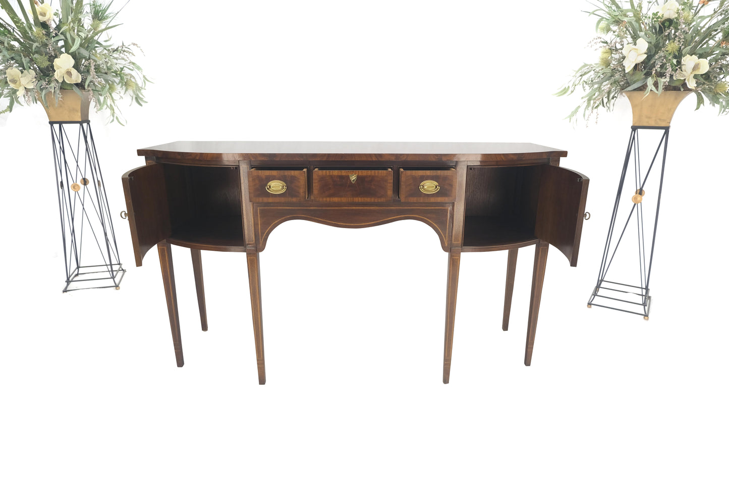 Banded and Pencil Inlayed Mahogany Bow Front Federal Sideboard Brass Hardware