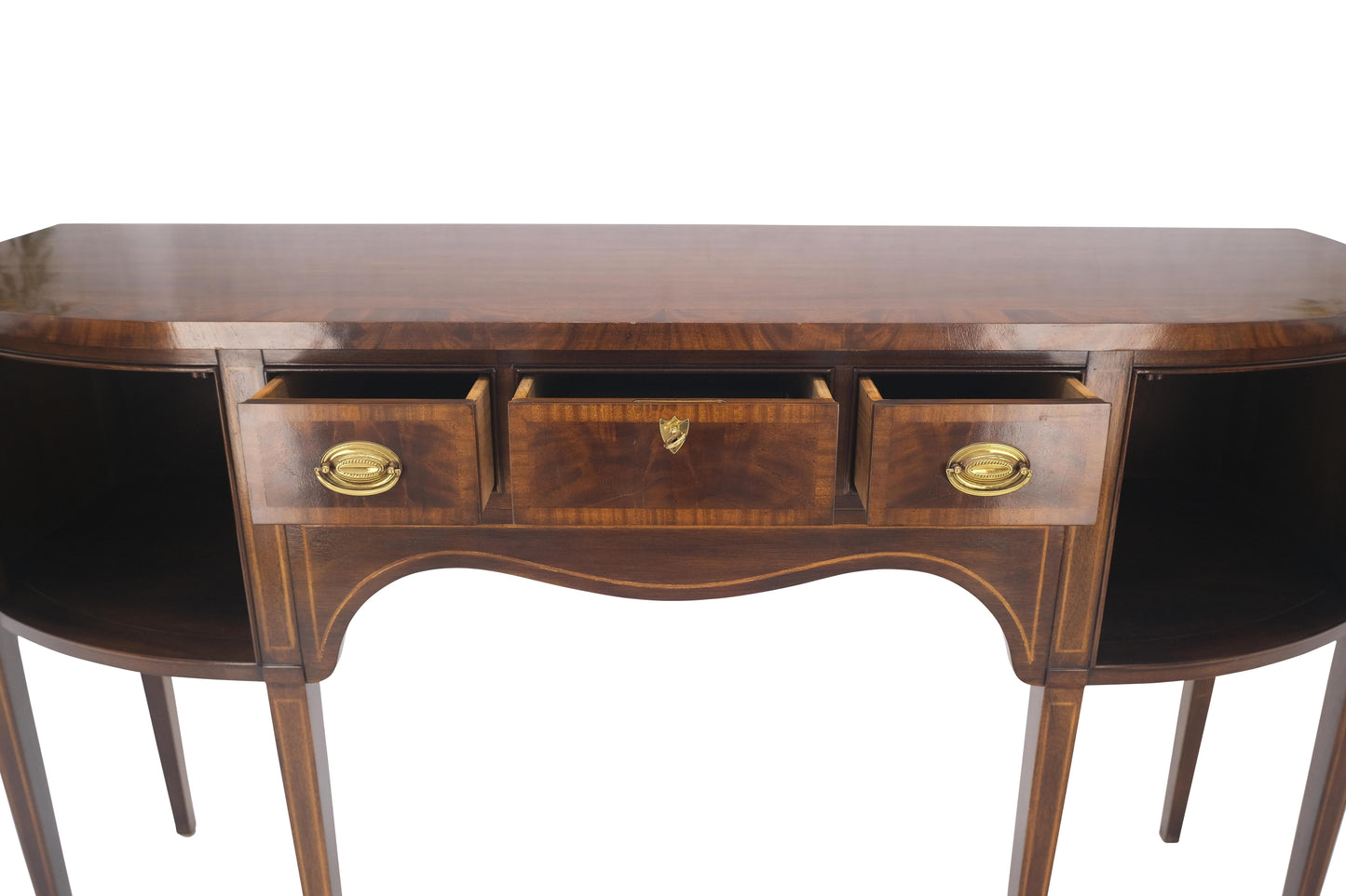 Banded and Pencil Inlayed Mahogany Bow Front Federal Sideboard Brass Hardware