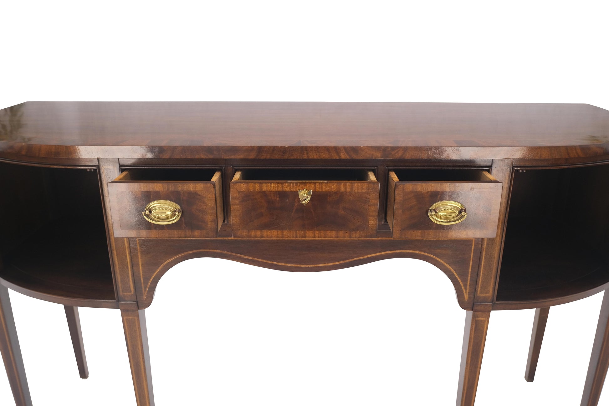 EstablishedLines Banded and Pencil Inlayed Mahogany Bow Front Federal Sideboard Brass Hardware