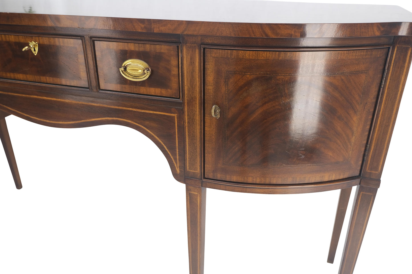 Banded and Pencil Inlayed Mahogany Bow Front Federal Sideboard Brass Hardware
