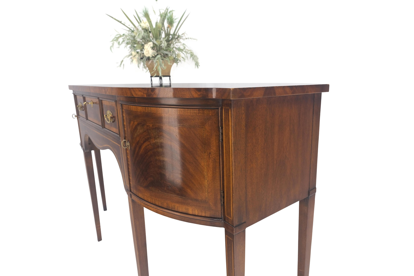 Banded and Pencil Inlayed Mahogany Bow Front Federal Sideboard Brass Hardware