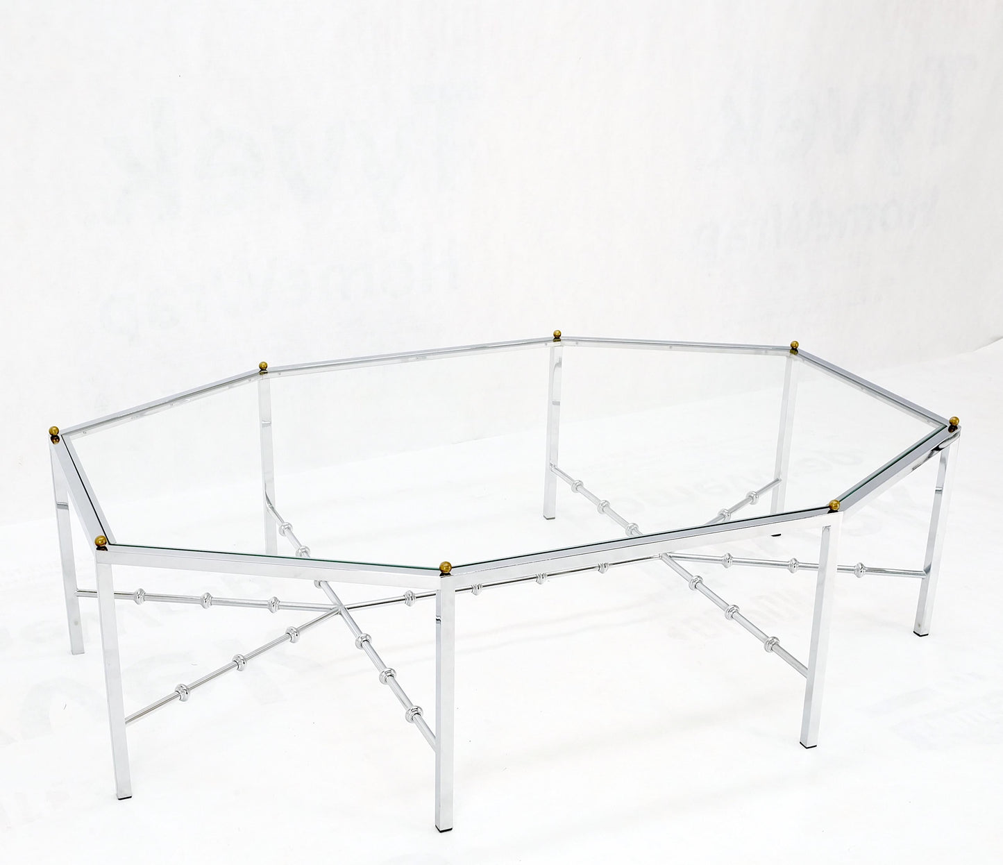 EstablishedLines Faux Bamboo Chrome Glass Top Brass Balls Finials Elongated Hexagon Coffee Table