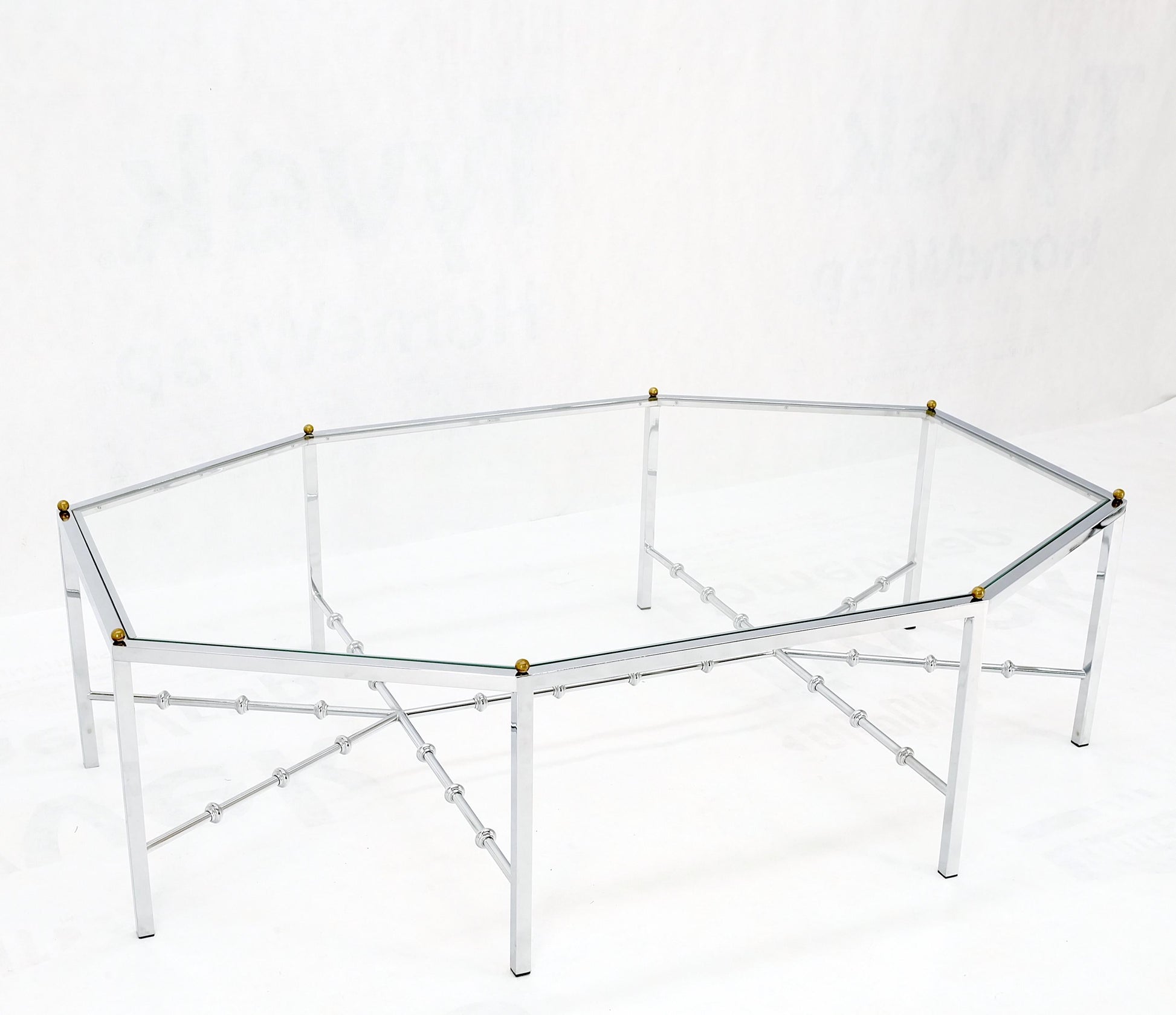EstablishedLines Faux Bamboo Chrome Glass Top Brass Balls Finials Elongated Hexagon Coffee Table