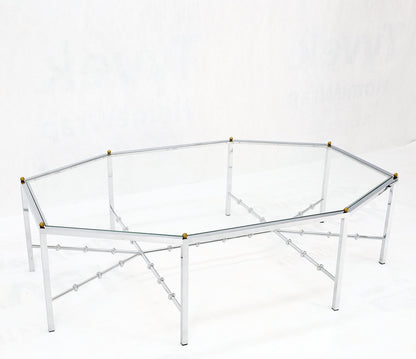 EstablishedLines Faux Bamboo Chrome Glass Top Brass Balls Finials Elongated Hexagon Coffee Table