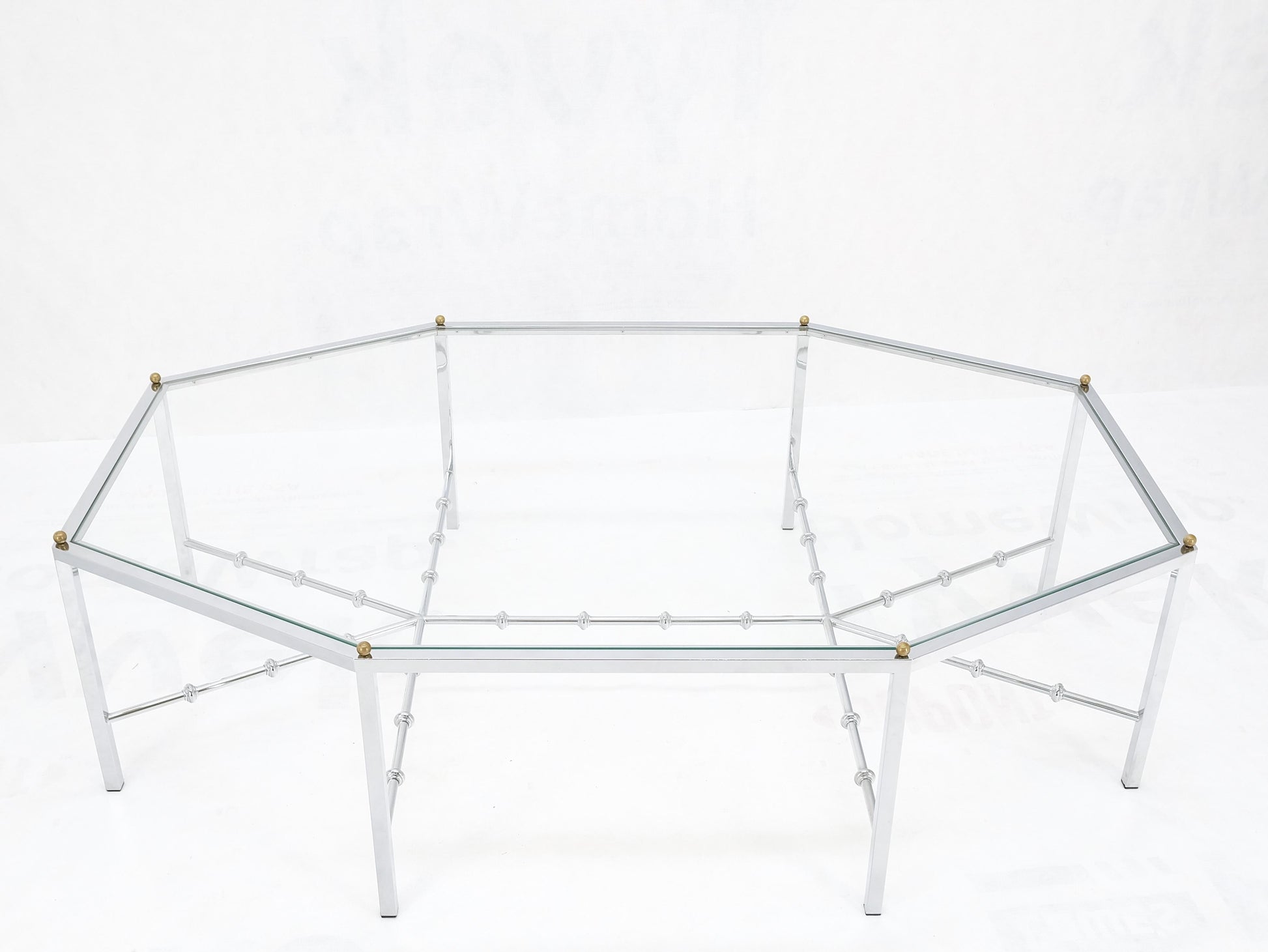 EstablishedLines Faux Bamboo Chrome Glass Top Brass Balls Finials Elongated Hexagon Coffee Table