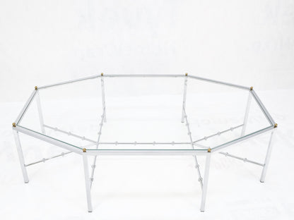EstablishedLines Faux Bamboo Chrome Glass Top Brass Balls Finials Elongated Hexagon Coffee Table