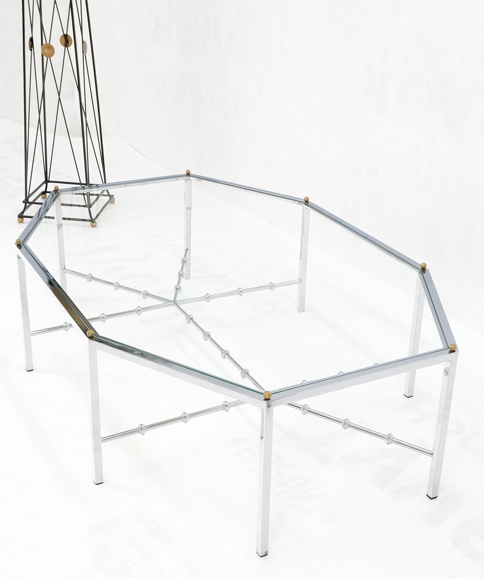 EstablishedLines Faux Bamboo Chrome Glass Top Brass Balls Finials Elongated Hexagon Coffee Table