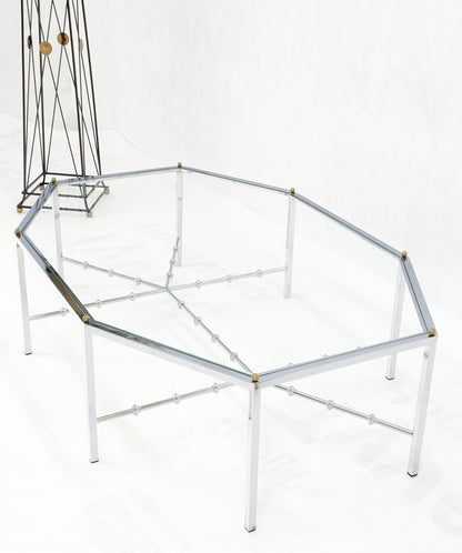 EstablishedLines Faux Bamboo Chrome Glass Top Brass Balls Finials Elongated Hexagon Coffee Table