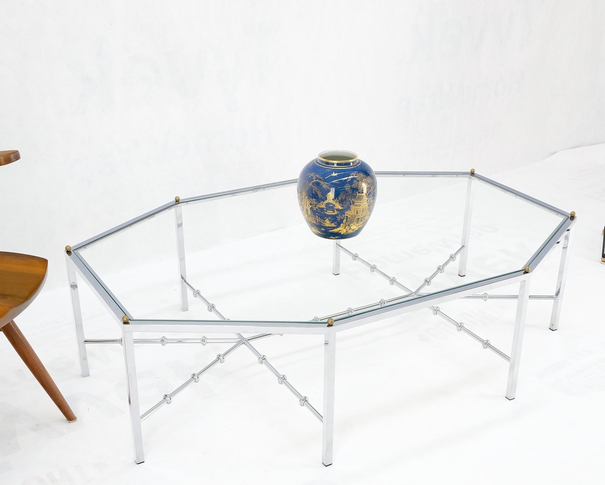 EstablishedLines Faux Bamboo Chrome Glass Top Brass Balls Finials Elongated Hexagon Coffee Table