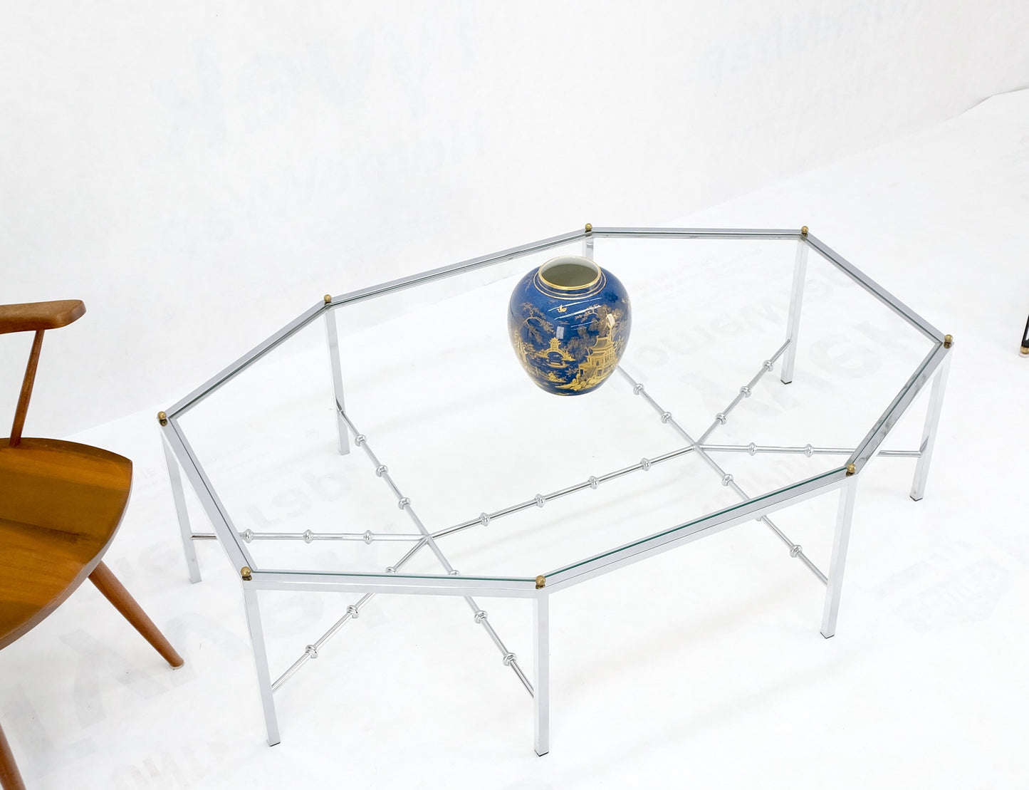 EstablishedLines Faux Bamboo Chrome Glass Top Brass Balls Finials Elongated Hexagon Coffee Table