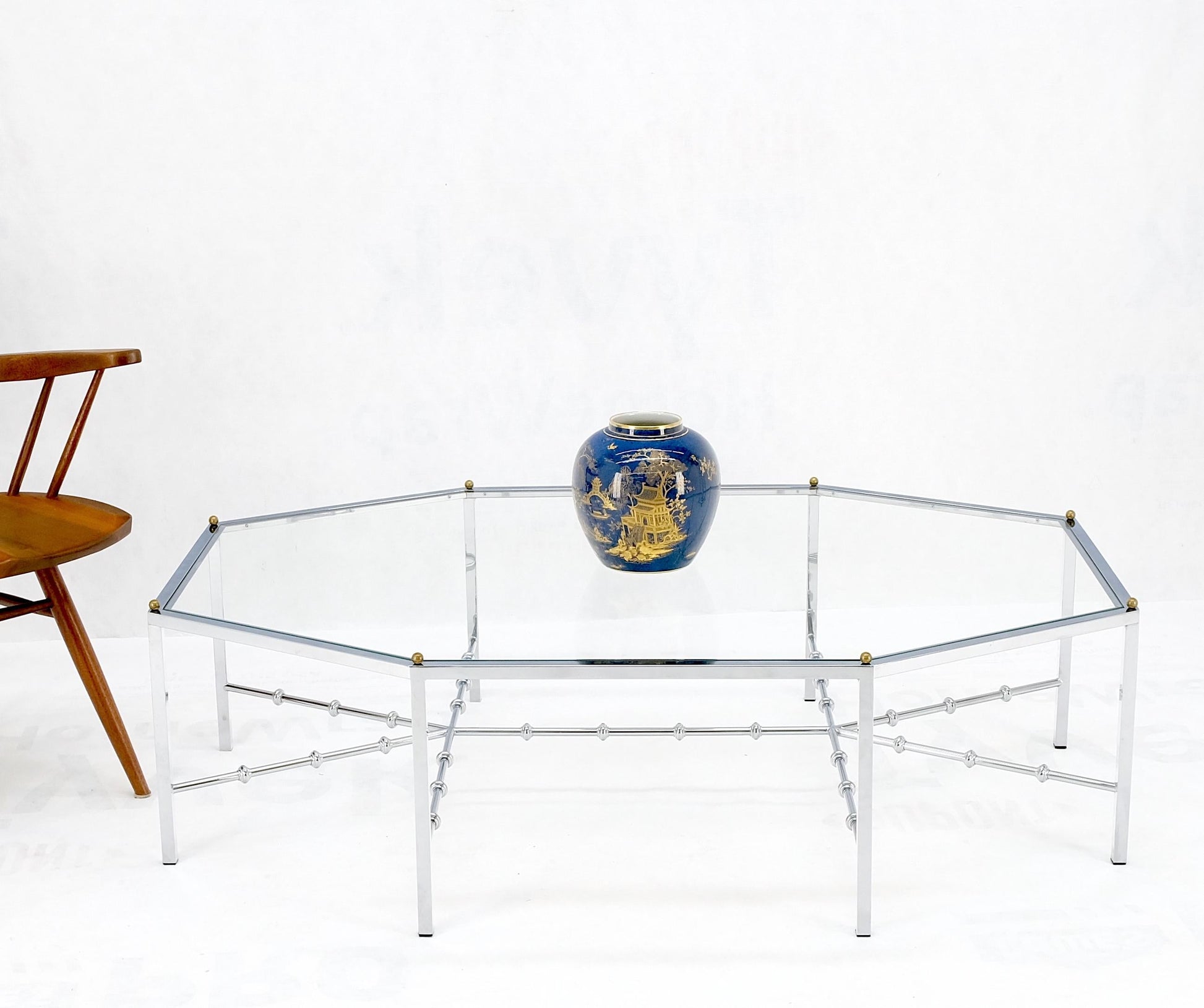 EstablishedLines Faux Bamboo Chrome Glass Top Brass Balls Finials Elongated Hexagon Coffee Table