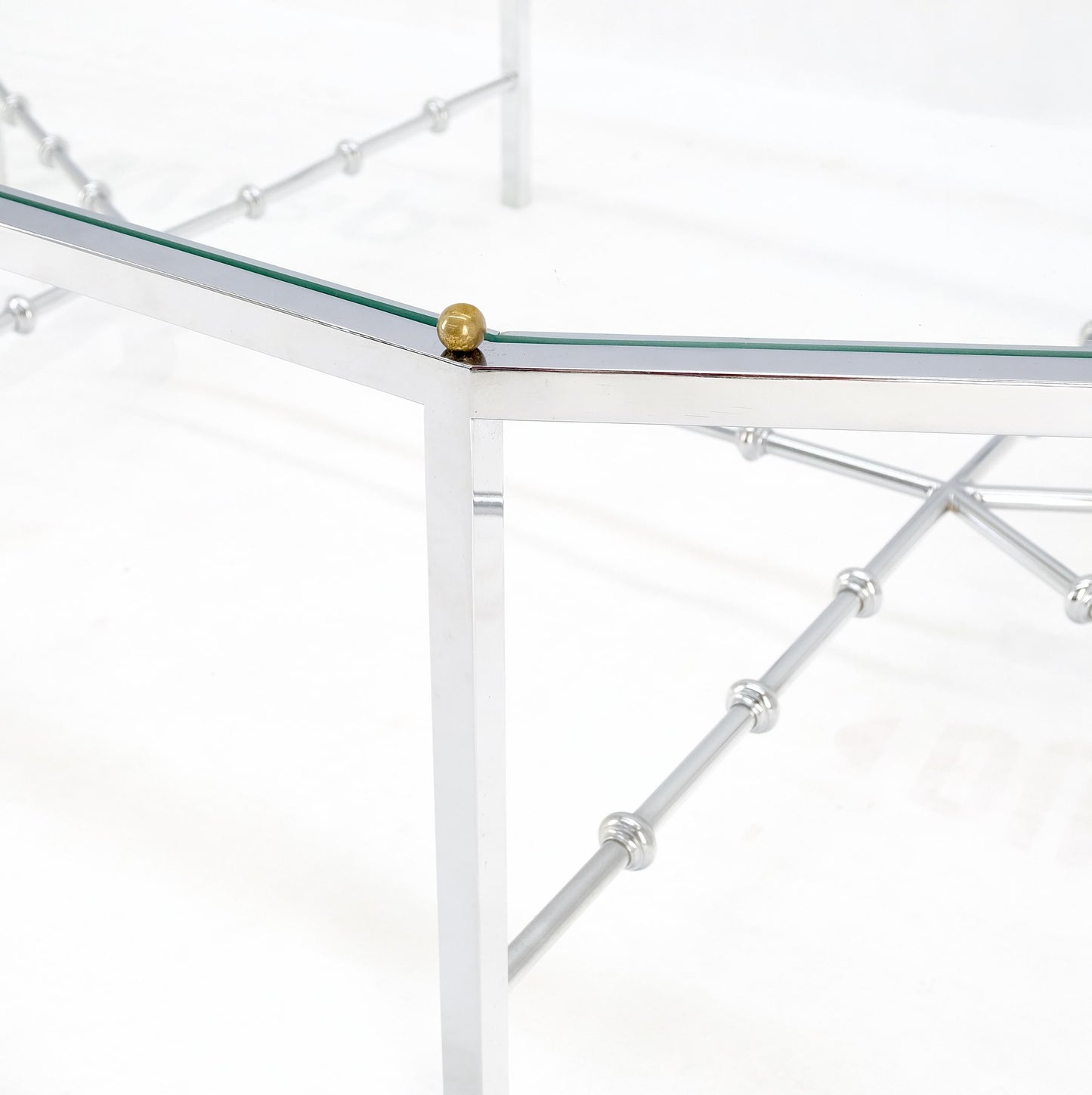EstablishedLines Faux Bamboo Chrome Glass Top Brass Balls Finials Elongated Hexagon Coffee Table