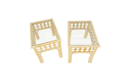 EstablishedLines Pair of White Wash Pickle Finish Rattan Rectangle Glass Top End Side Tables MINT