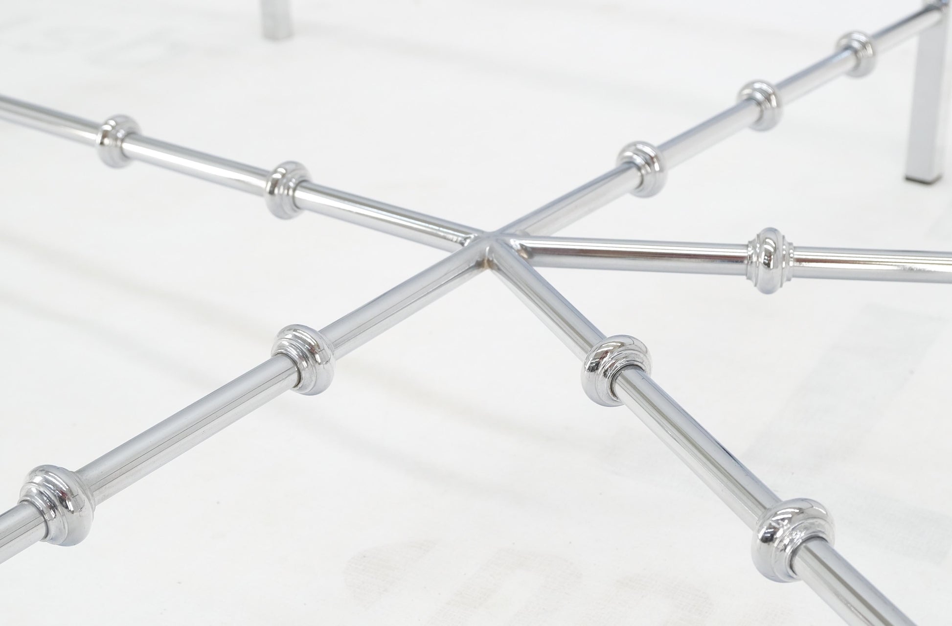 EstablishedLines Faux Bamboo Chrome Glass Top Brass Balls Finials Elongated Hexagon Coffee Table