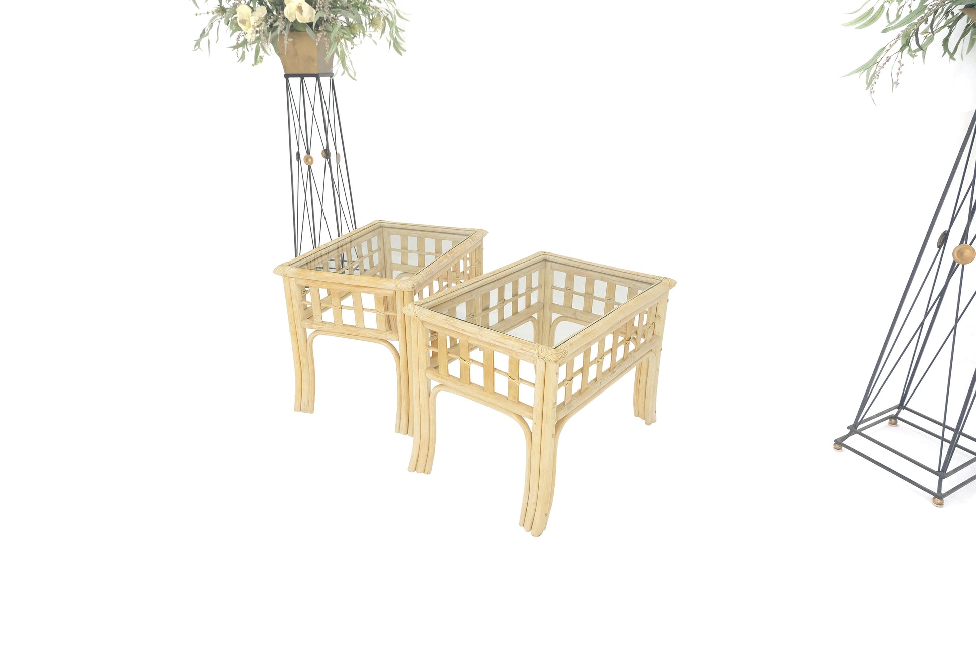EstablishedLines Pair of White Wash Pickle Finish Rattan Rectangle Glass Top End Side Tables MINT
