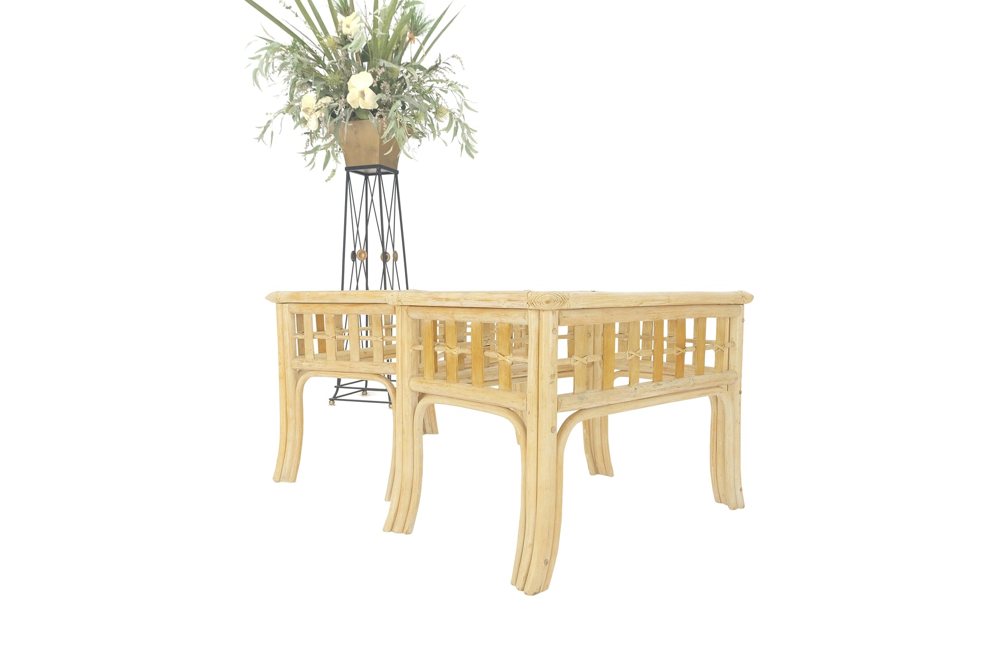 EstablishedLines Pair of White Wash Pickle Finish Rattan Rectangle Glass Top End Side Tables MINT